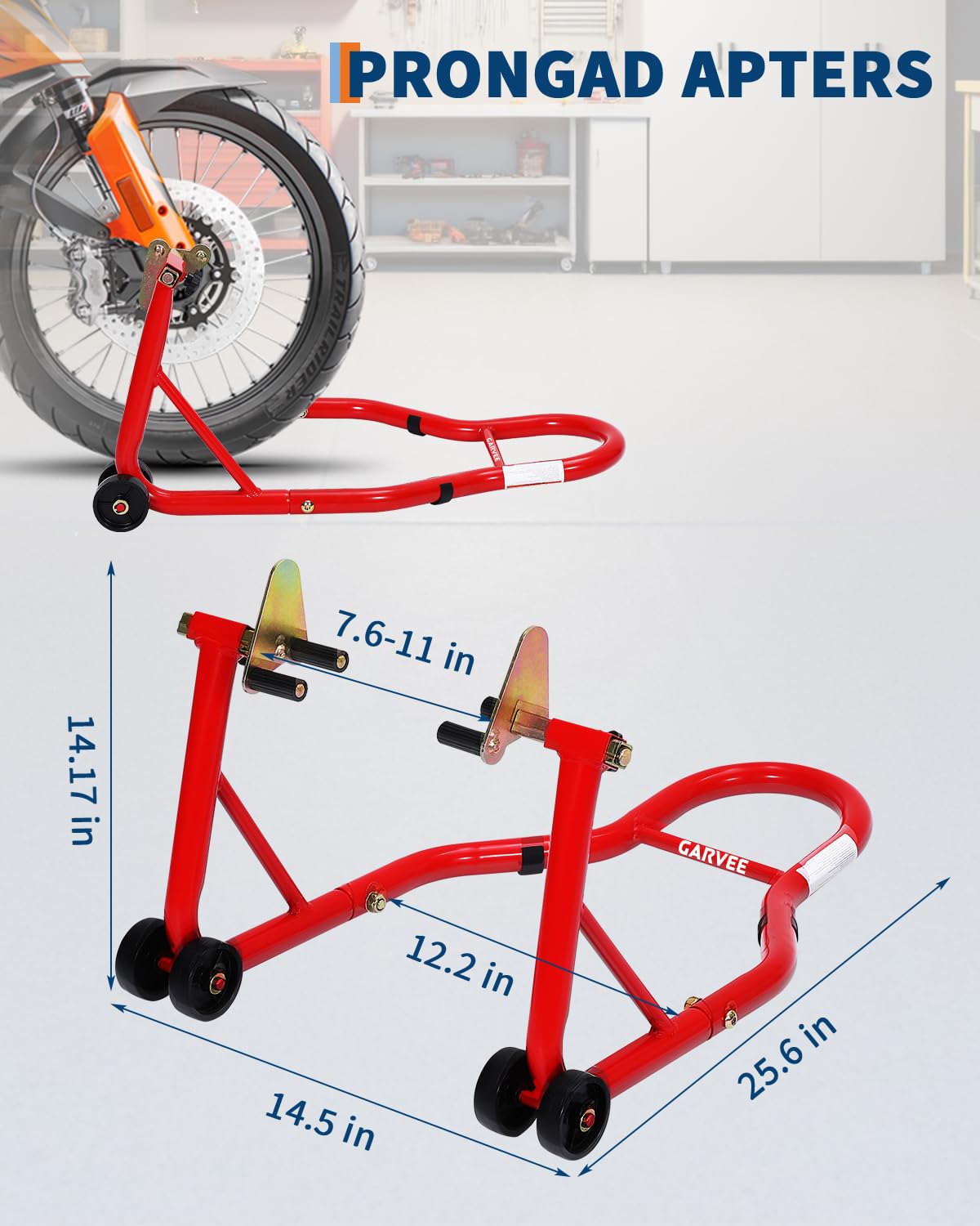 Garvee Supporti per moto anteriori e posteriori, set di sollevamento ruote anteriori e posteriori da 408,2 kg con adattatori a pin + bobina per braccio oscillante regolabile a L, supporti universali