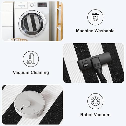 Miniatura 5 de KIMODE - Alfombra de algodón tejida con diseño a rayas en color negro, para puerta de entrada, cocina, decoración de estilo rústico