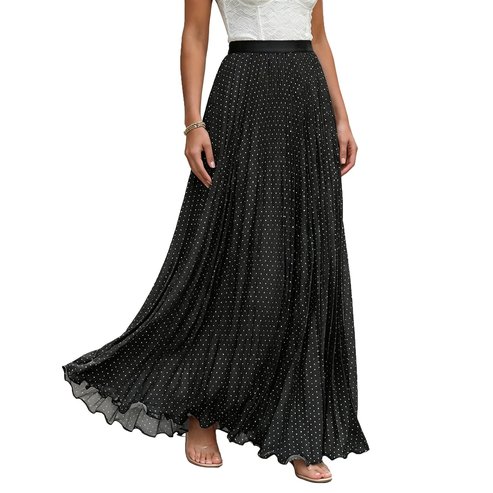 Midi Long Skirt Pleated Women's Maxi Skirts Polka Dot Printed(Nero,Lagre)
