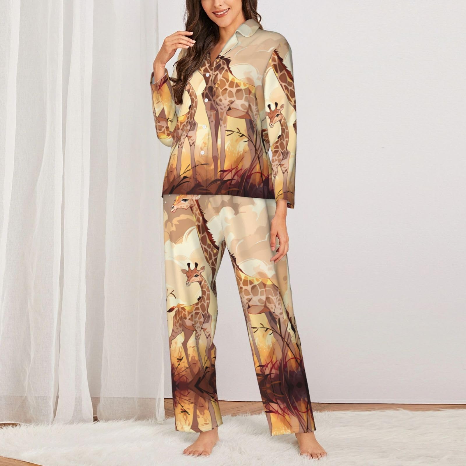 Pigiama da donna a maniche lunghe con stampa madre e bambino giraffa - Morbido e caldo abbigliamento da casa autunno/inverno -