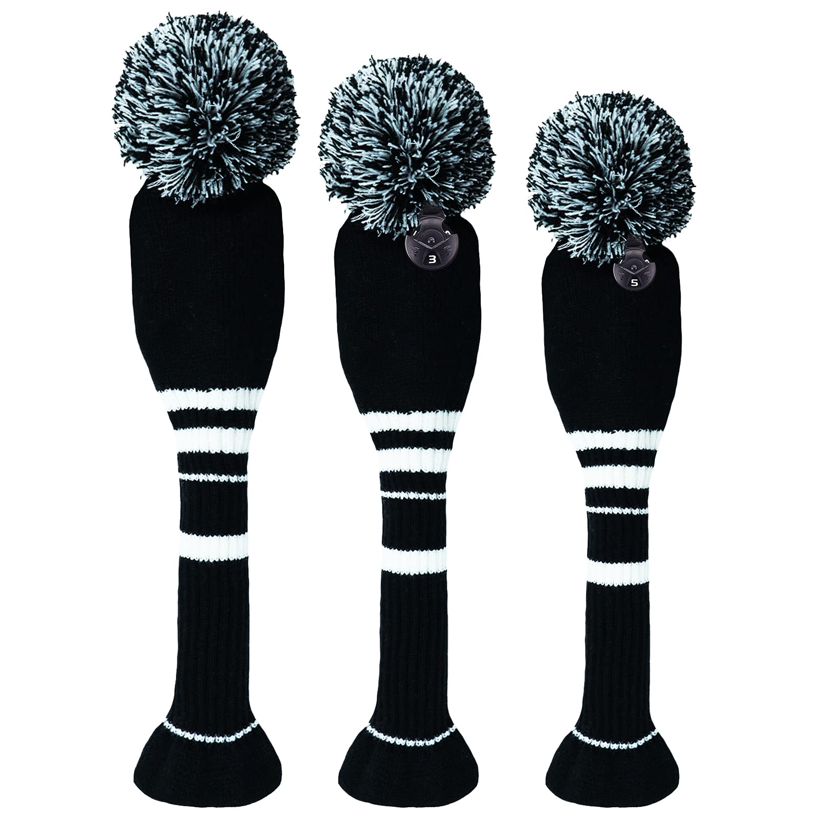 Lot de 3 ou 4 Housses de tête de Golf à Pompons pour Bois de 1, 3, 5, Hybride de Parcours de Golf avec étiquette numérotée en Tricot