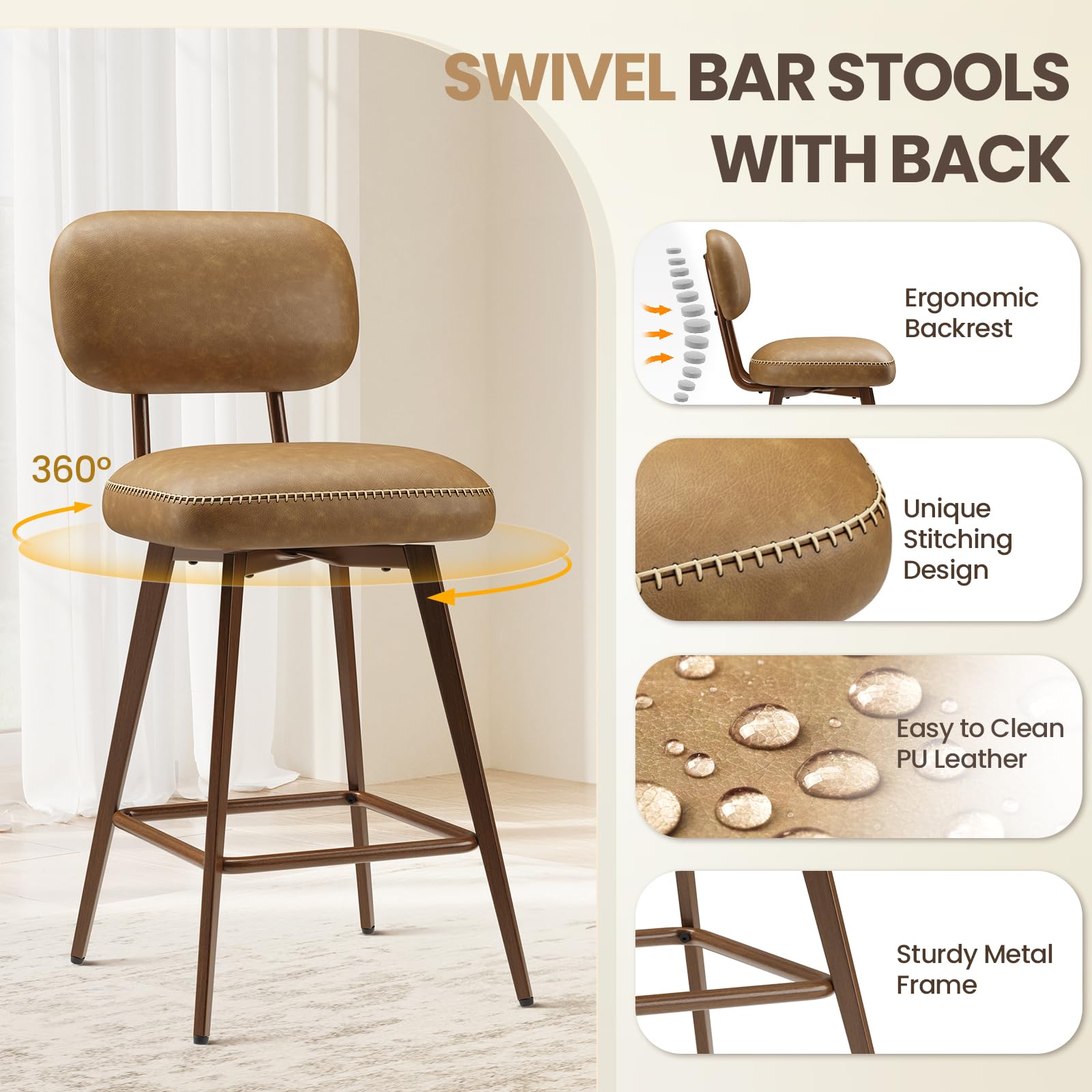 Condition photo showing New/Like New for 26“ Swivel Bar Stools Set of 2, Mid Century PU Leather Counter Height Bar Chairs with Low Back and Metal Legs, Modern Bar Stool Chair for Kitchen Island, Brown