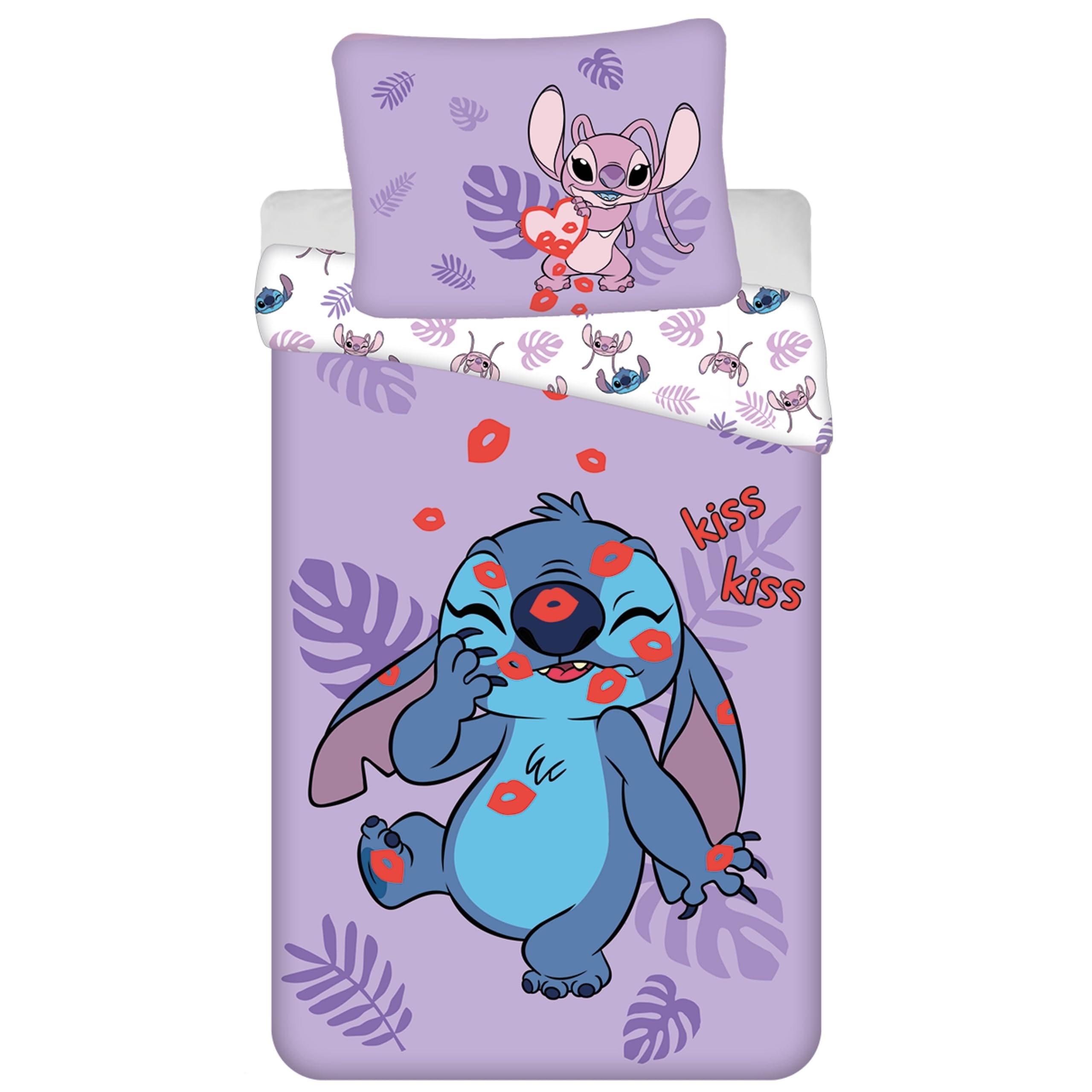 Disney Stitch Morado-Blanco Doble Cara, Ropa de Cama niños de algodón, Cremallera, 100% ALGODÓN 140x200 + 70x90 cm Oeko-Tex (fórmula 8)