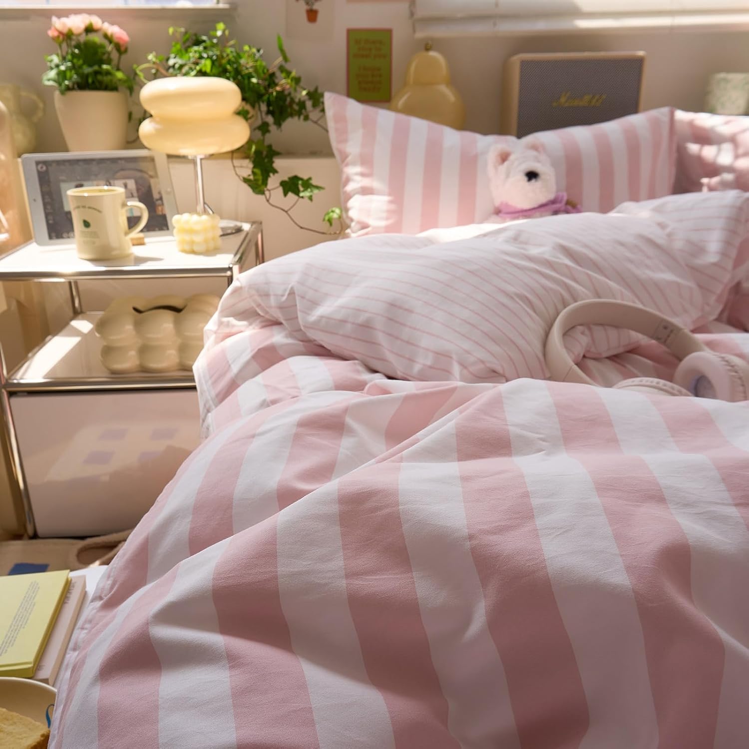 Peach Pink Striped Full Duvet Cover Set Boho Patterned Full Size Comforter Cover Farmhouse Aesthetic Preppy Cute Duvet Cover with Corner Ties Girls Bedding Set Washed Microfiber Duvet Protector