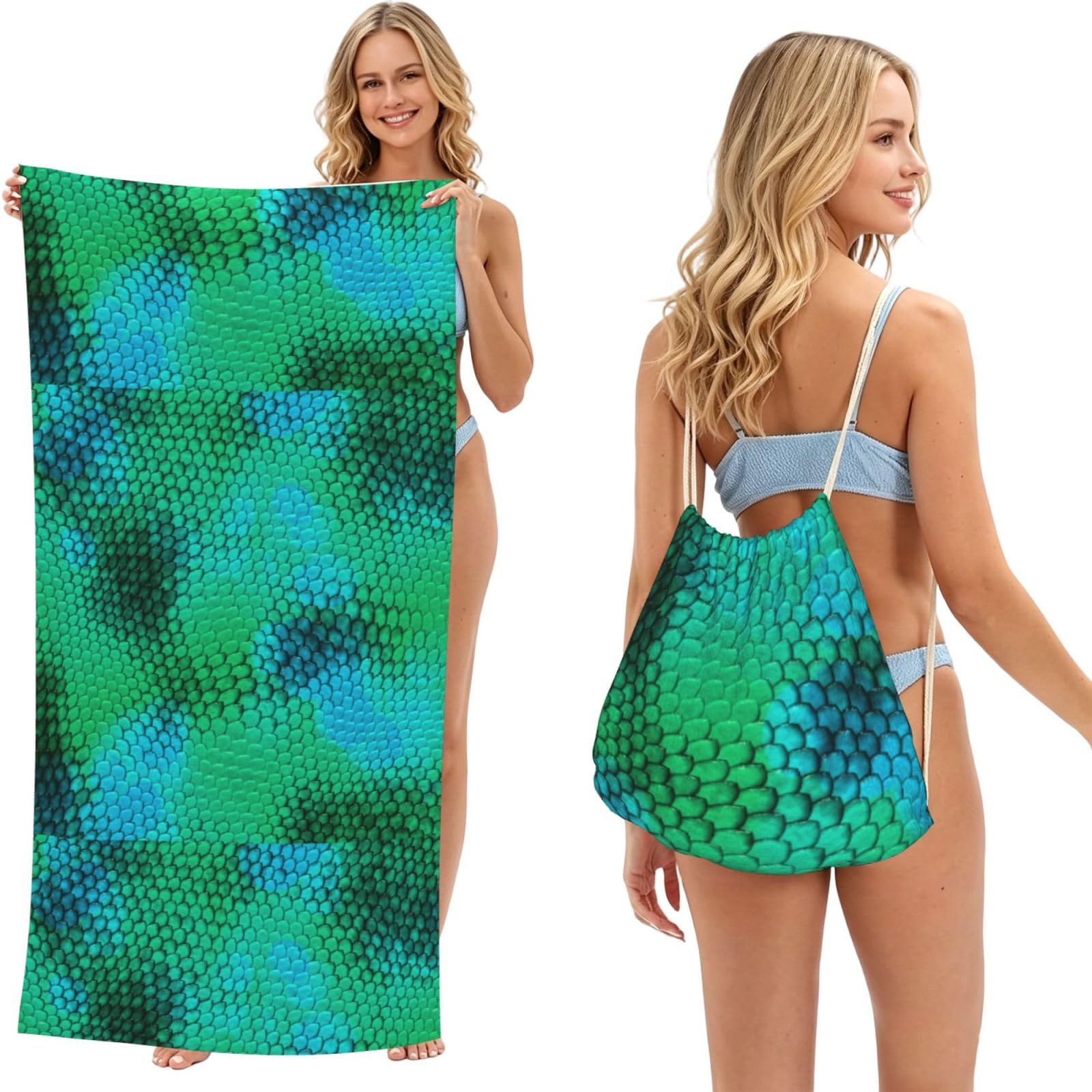 Poadnly As Picture Snake Scale, 2 In 1 Packable Towel Bag, Beach Towels With Drawstring Backpack For Travel Holiday Camping