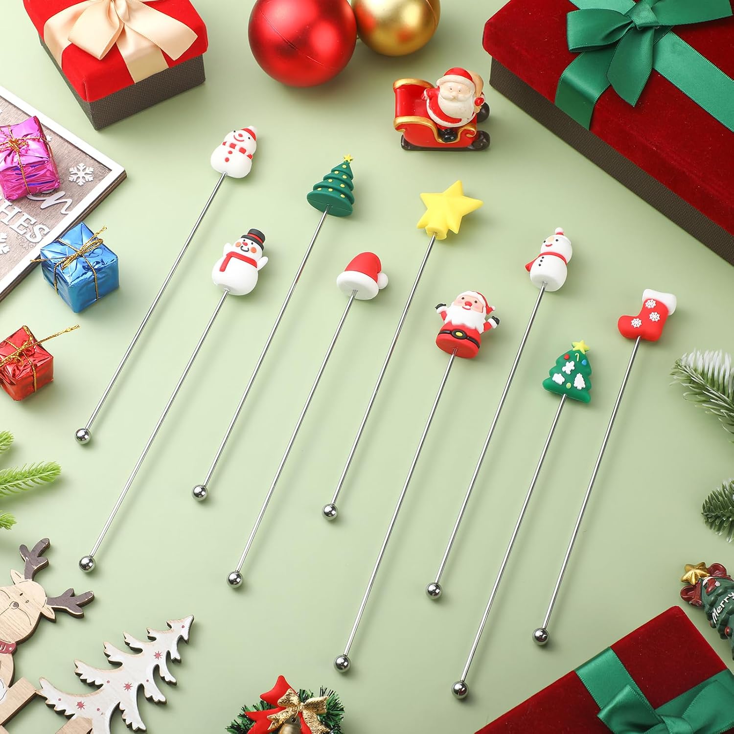 Baderke 10 Pcs Christmas Swizzle Sticks Christmas Cocktail Stirrers Stainless Steel Stir Sticks for Cocktails Reusable Coffee Stirrers Holiday Drink Stirrers for Coffee Whisky Juice Christmas Party