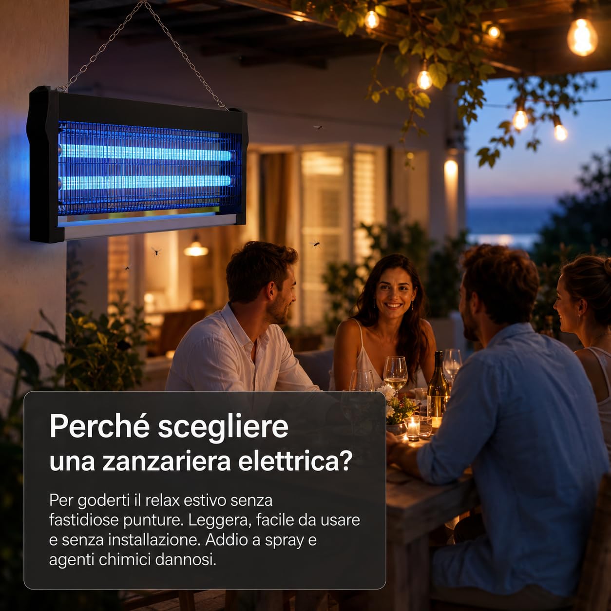 Zanzariera Elettrica 40W con 2 Lampade UVA - Copertura 150 mq | Zanzariera elettrica 40W con 2 lampade UVA, copertura 150 mq, cassetto estraibile, griglia in ferro e catena.