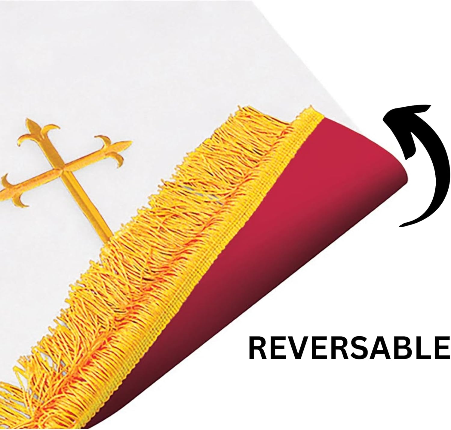Needzo Reversible Pulpit Scarf, Red and White with Gold Colored Fringe and Cross, Catholic Church Supplies, 17 x 36 Inches