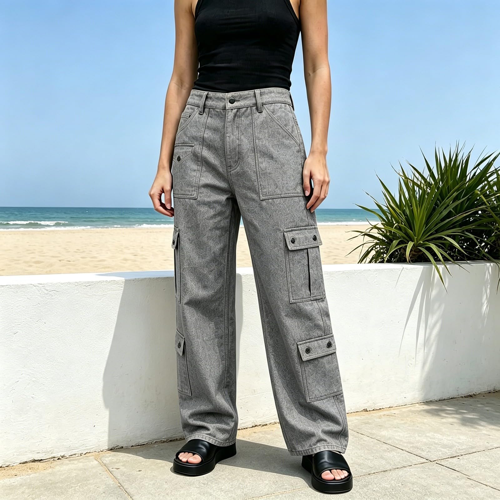 Jean baggy pour femme - Pantalon cargo en denim avec poches - Pantalon de travail - Coupe ajustée - Y2K - Pantalon de randonnée - Pantalon de loisirs - Pantalon d'extérieur - Pantalon de
