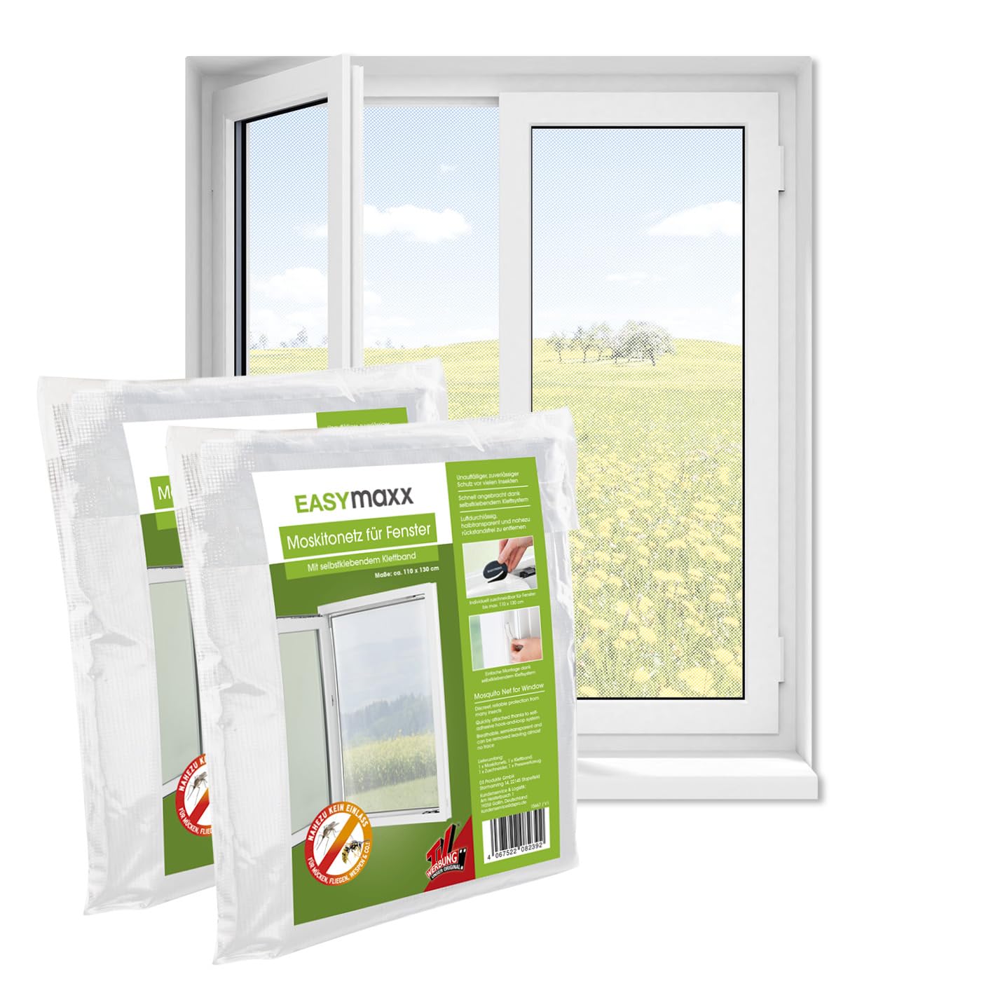 EASYmaxx Fly screen for window with hook & loop tape | Mosquito net - installation without drilling | Cut-to-size insect screen for windows up to 110 x 130 cm | Self-adhesive bug mesh [White]