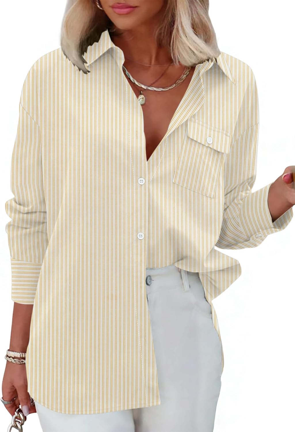 AKEWEI Button Down Shirts for Women Long Sleeve Collared Work Blouse Fashion Oversized Office Shirts with Pocket - Image 2