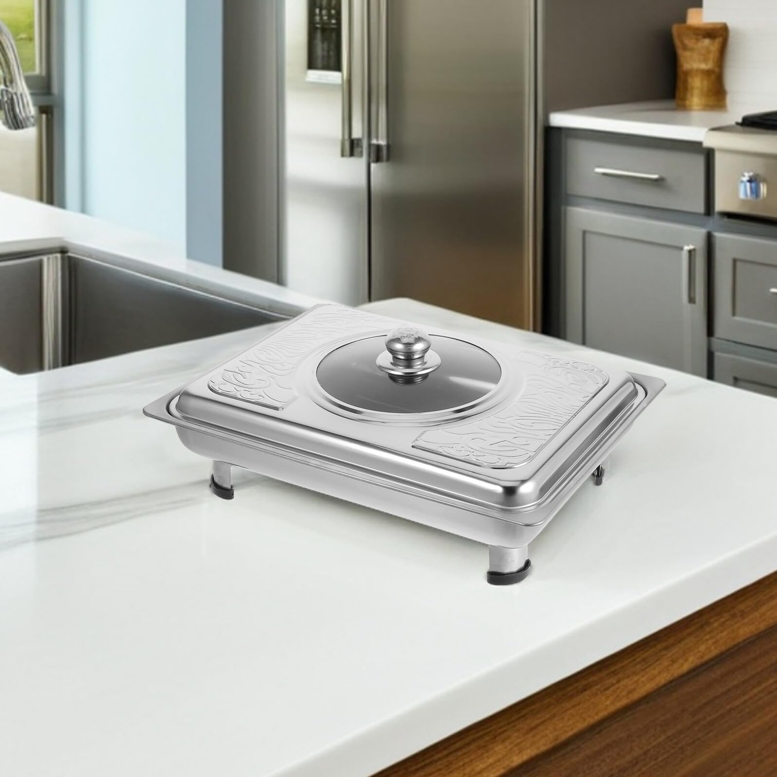 Plateau de Buffet Rectangulaire en Acier Inoxydable 40x30 Cm avec Couvercle, Plateau Chauffe-plats Réfrigéré, pour Buffet, Traiteur et Service en Restauration
