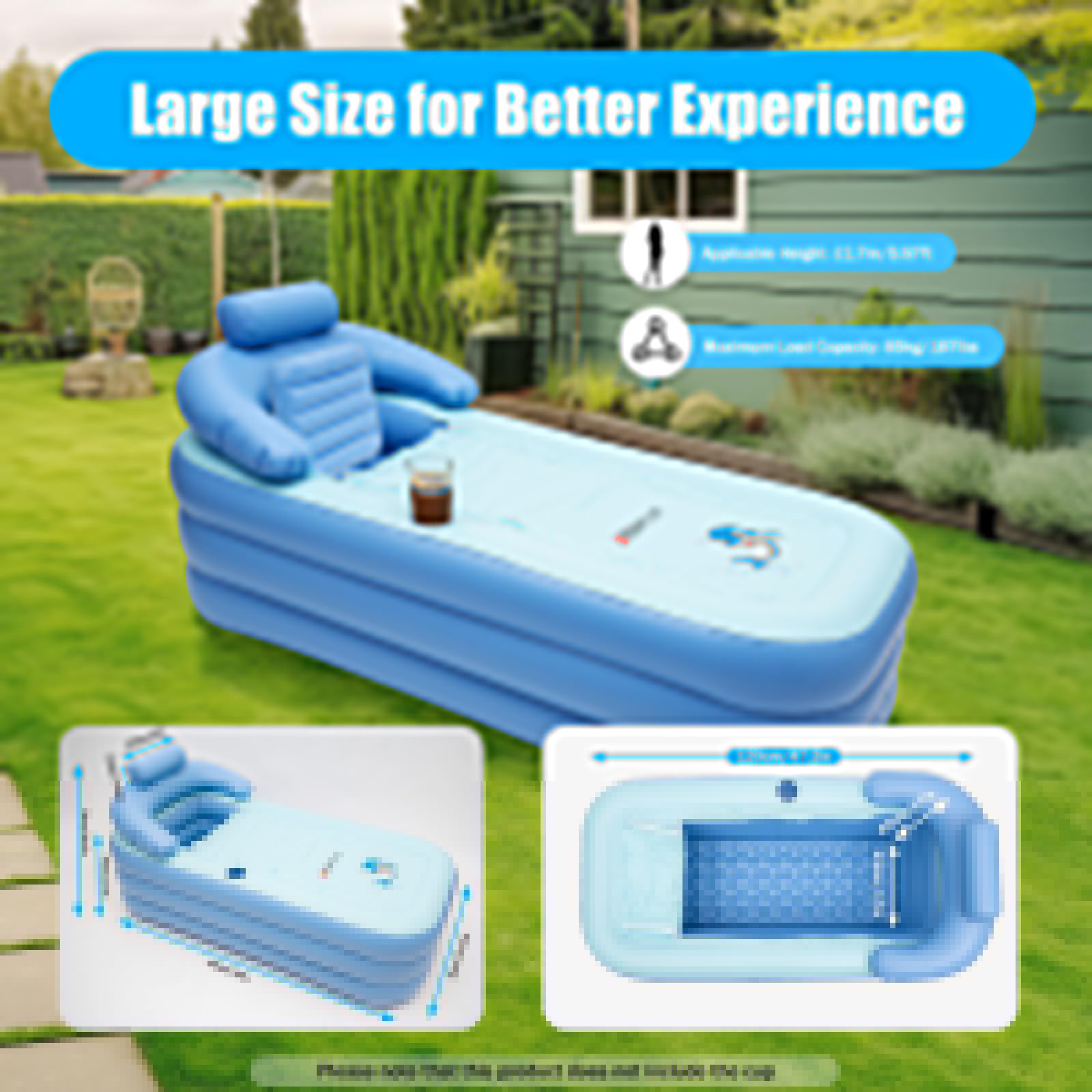 Vasca da bagno gonfiabile per adulti con tubo di scarico (150 x 80 cm) – Piscina pieghevole per massaggi, montaggio rapido per bagni di latte/fiori, vasca da bagno portatile