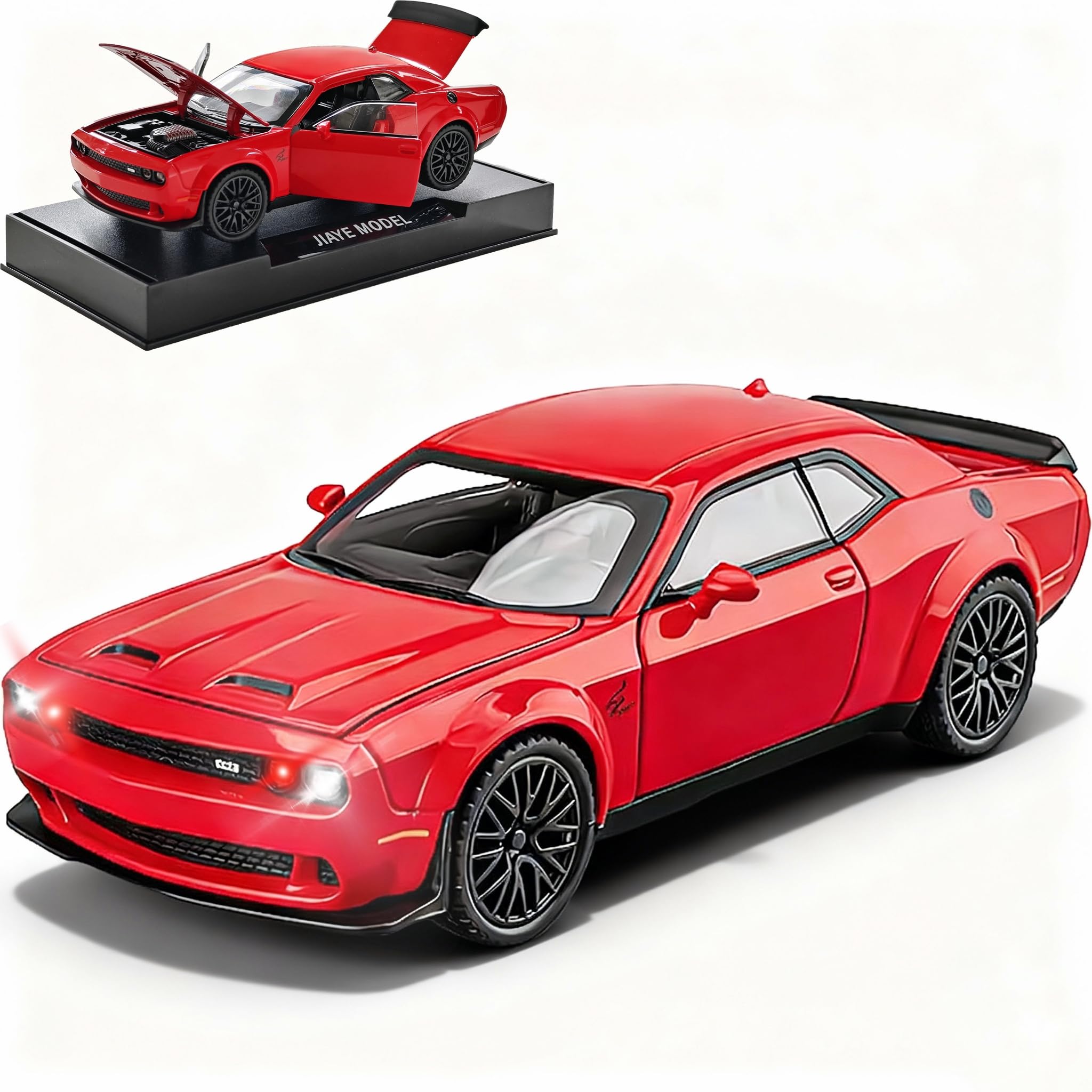 Toy Car Model Challenger Hellcat Alloy Model Collectible Car with Light and Sound,Pull Back Toy Vehicles for Boys Children Age 3 + Year Old(Red)