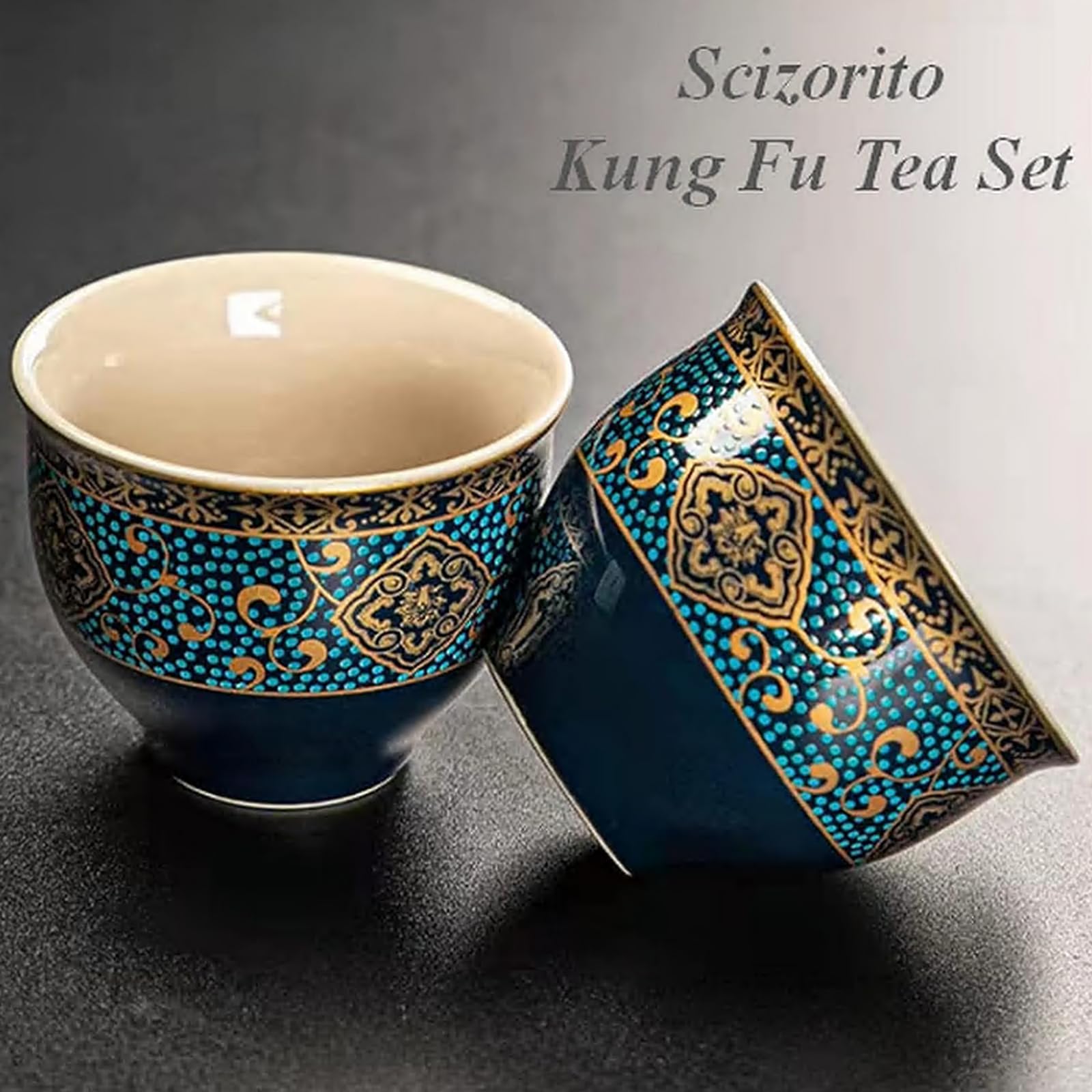 Juego de té de viaje portátil de cerámica, juego de té kungfu chino con tetera de rotación 360 e infusor, 4 tazas de té, bandeja de té y bolsa de viaje (estampado negro)