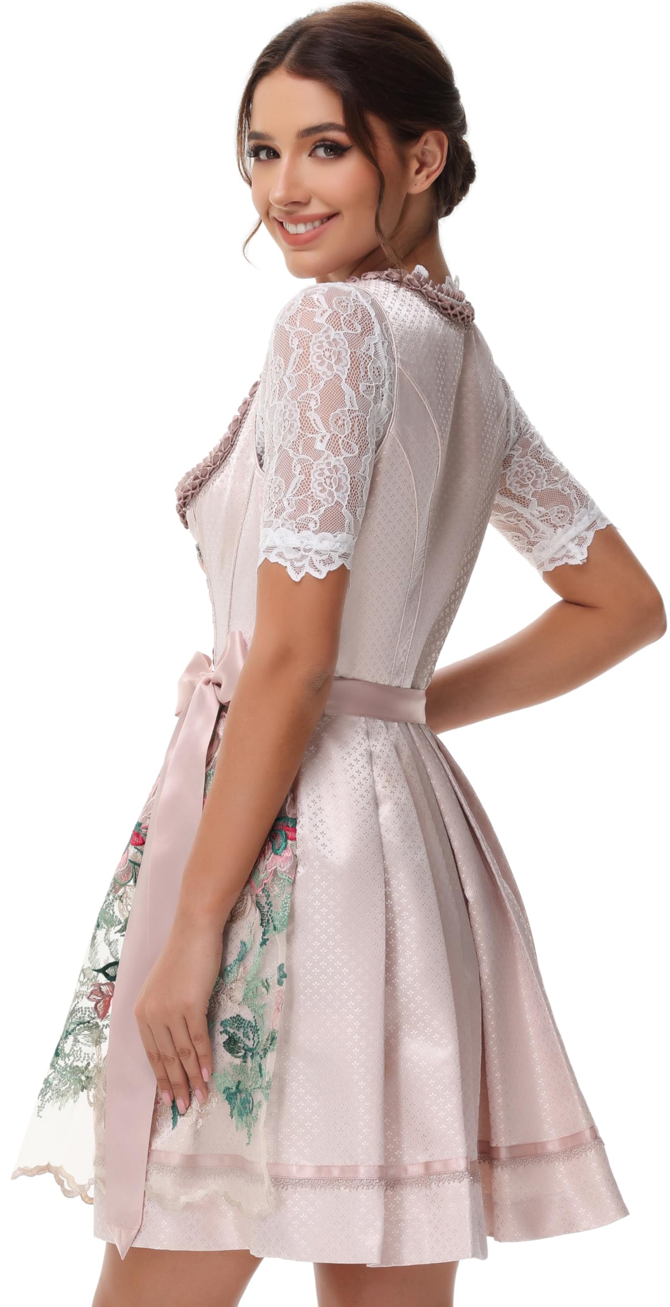 TrendiMax Trachten Damen Dirndl Midi Dirndlkleid Trachtenkleid Elegantes Kleid für Oktoberfest, inkl. Spitzenschürze Gr.34-46 - 50CM