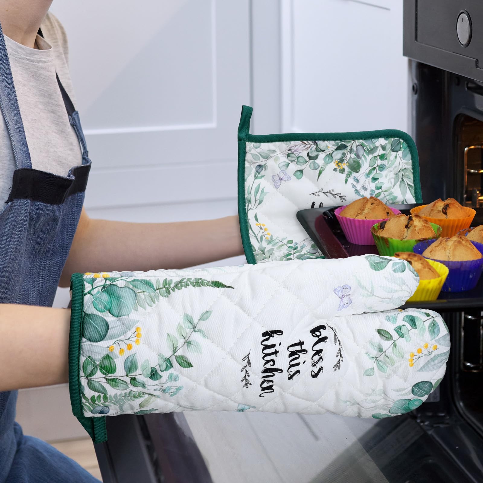 Gants De Four & Maniques Lot De 2, 100% Coton Maniques Cuisine Gant Four Anti Chaleur Extra-Longue pour Barbecue, Cuisine, Griller,Micro-Ondes(Feuilles d'eucalyptus)