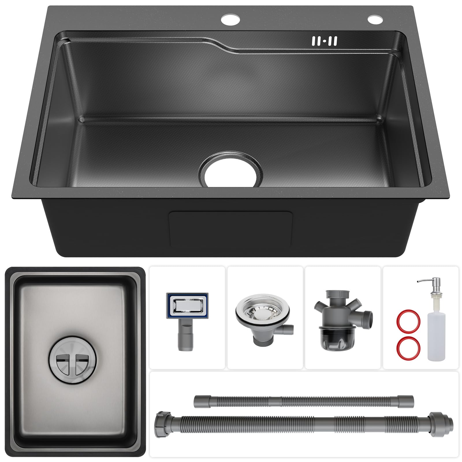CECIPA Fregadero negro 68 × 48 cm de acero inoxidable, fregadero empotrable para encimeras a partir de 80 cm, con sifón, rebosadero y desagüe, con orificio para grifo | EVA - Fregadero de cocina con sifón y sistema de evacuación para armarios (70 cm) o má
