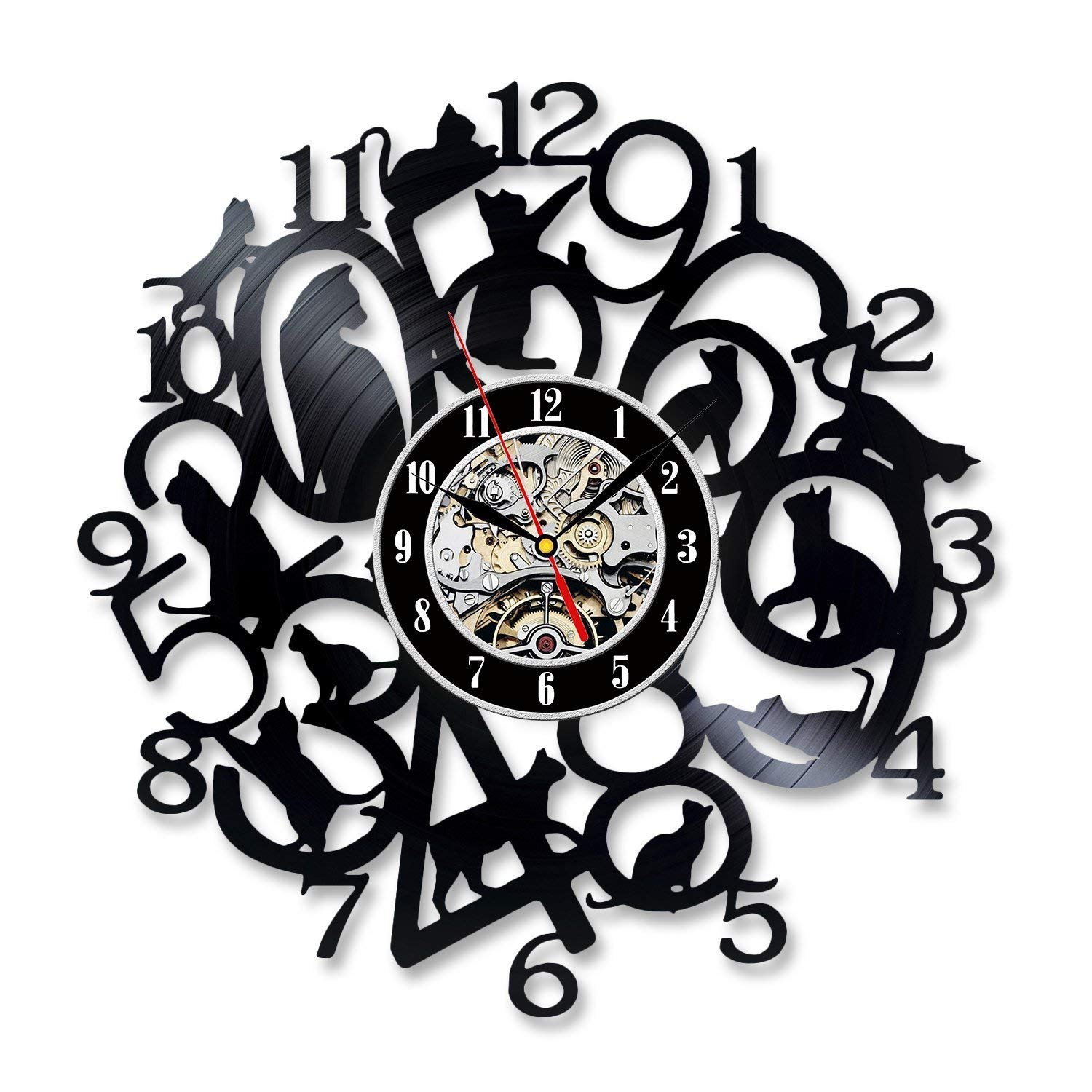 KovidesGift Idea Cats Wall Clock Large Decorations for Party Cats LP Clock Animal Cats Wall Art Nature Retro Vinyl Record Clock Vintage Wall Clock Cats Wall Decals Nature Art