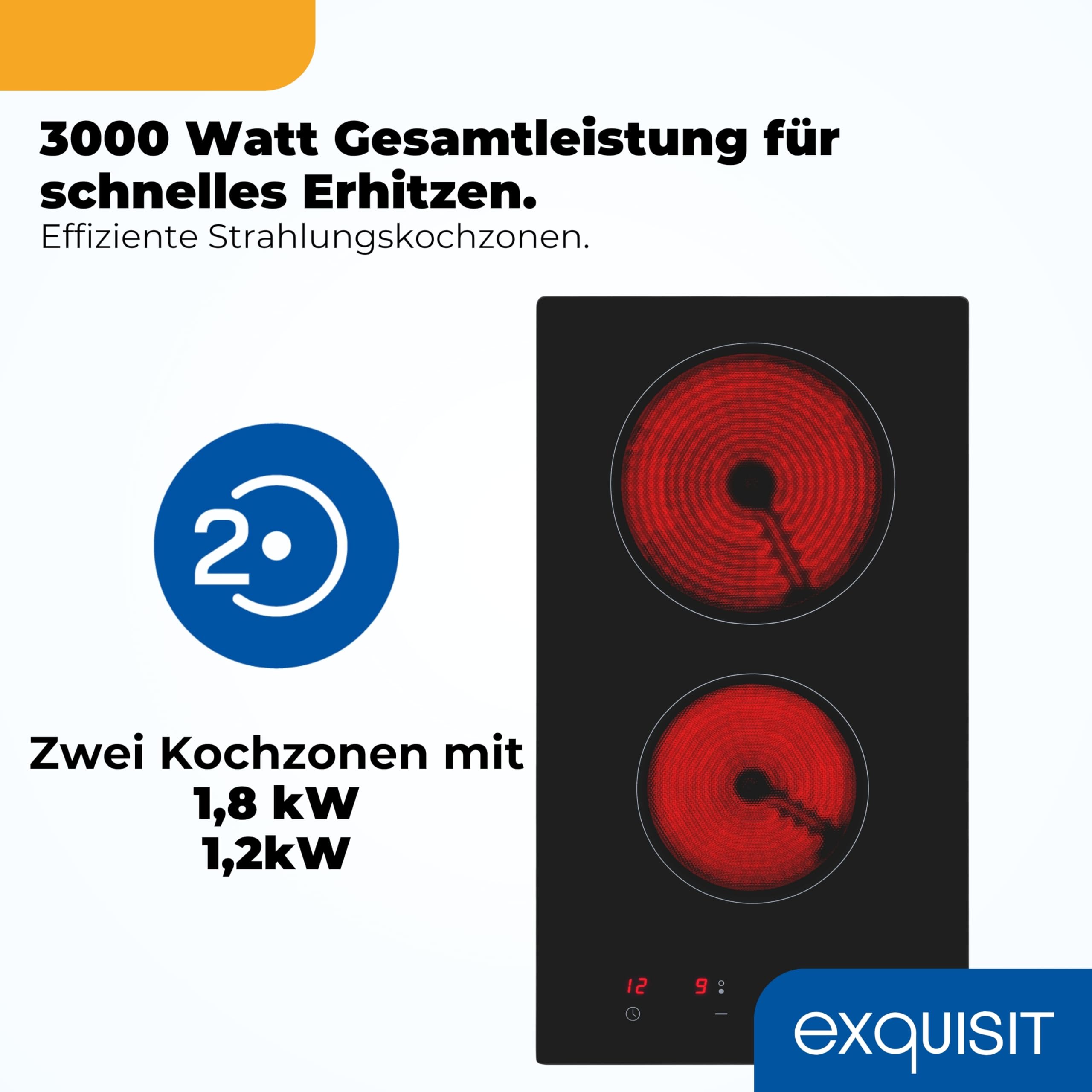Exquisit Glaskeramik-Kochfeld 2 Zonen Einbau - Touch, Timer, 3000 W | Rahmenlos, flächenbündig, 29 x 52 cm – mit Restwärmeanzeige, Kindersicherung & Überhitzungsschutz