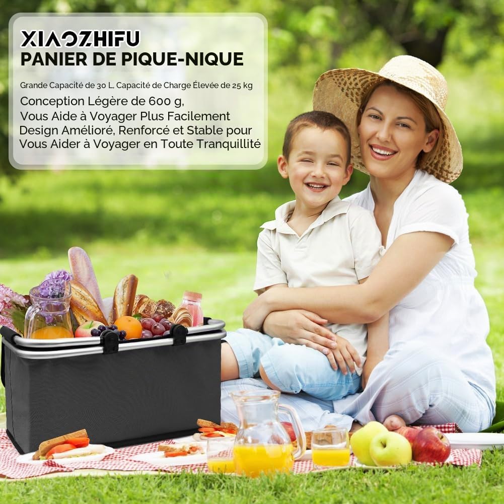 Panier Pique-Nique Isotherme 30L, Grand Sac Pliable en Oxford Réistant à l'Eau pour Pique-Nique/Shopping/Cadeau (Noir)