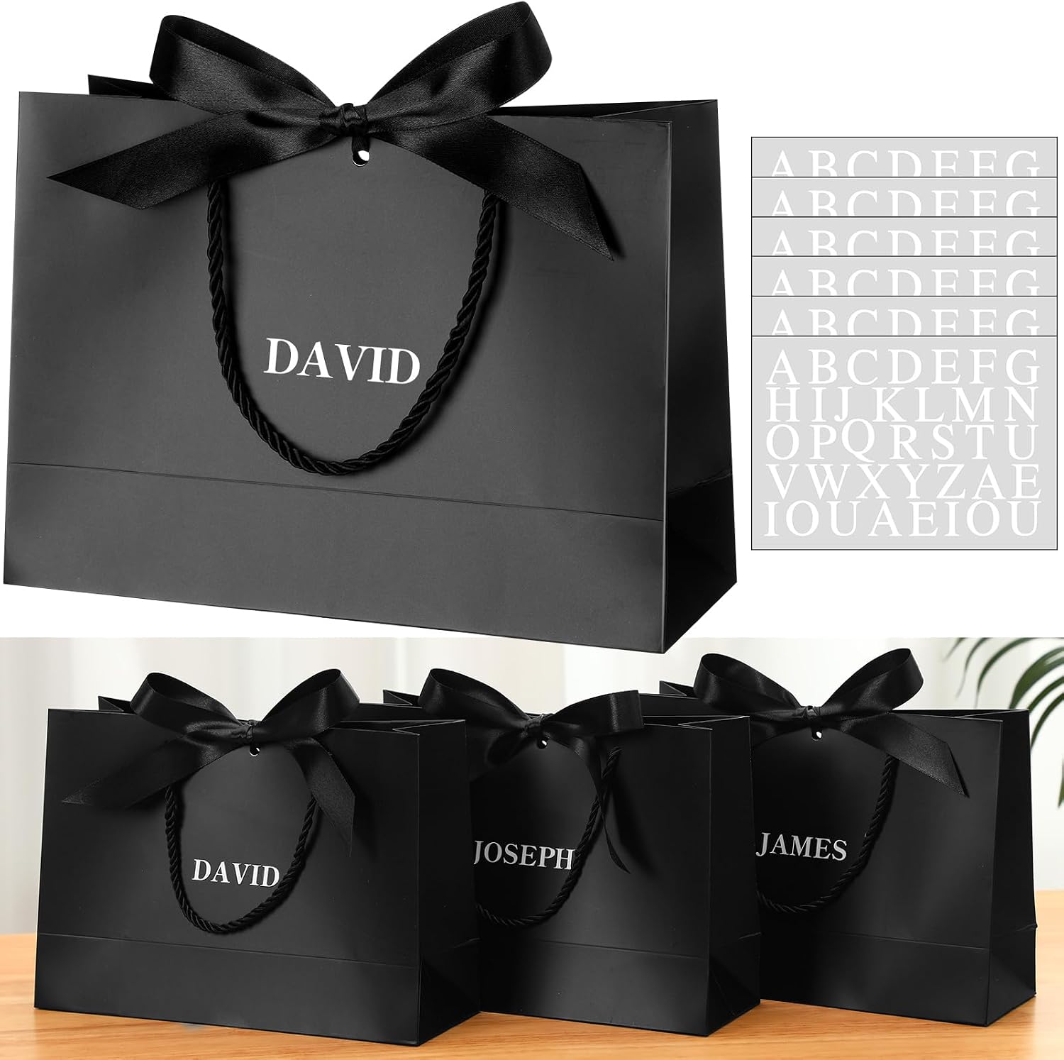 Fullhawl 6 Pack Personalized Groomsmen Gift Bags Black with Name Stickers