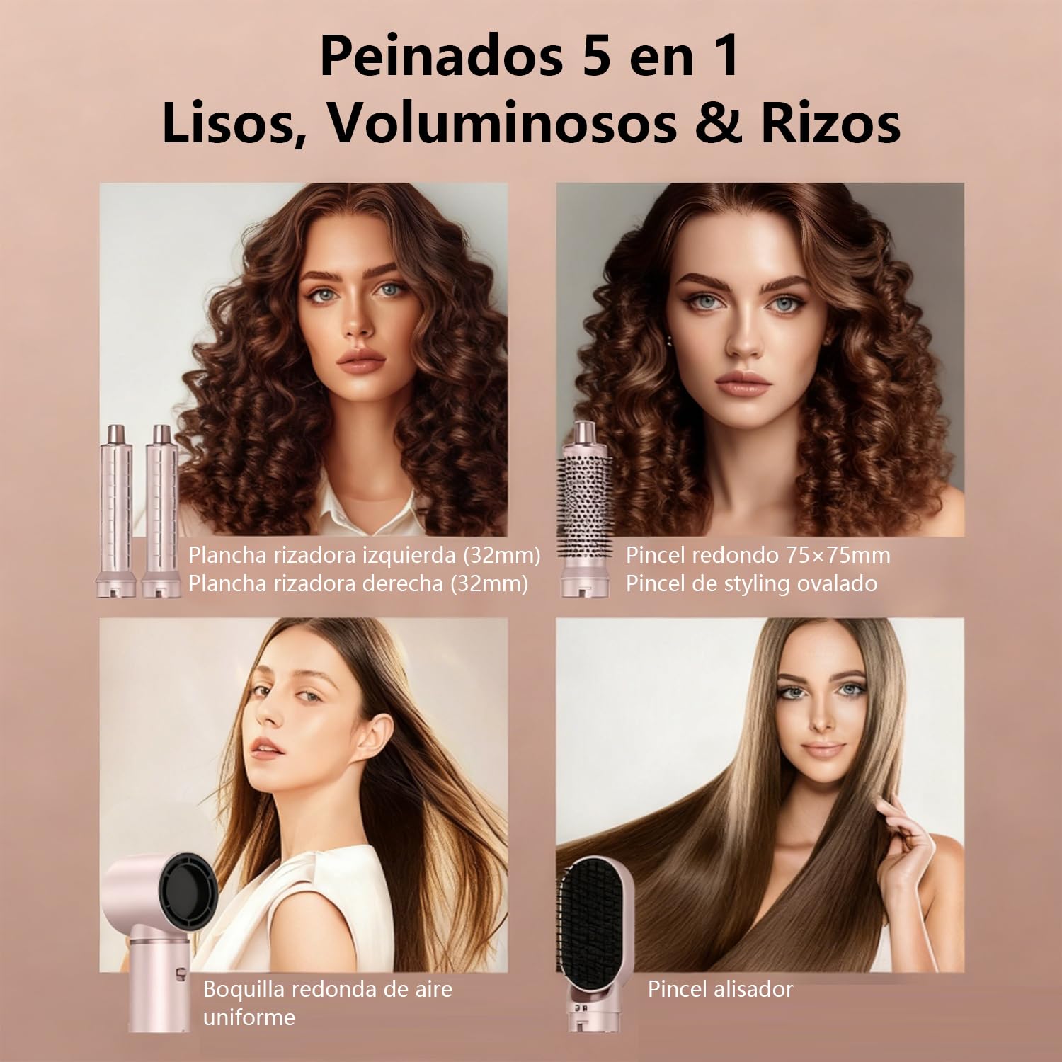 Dryhsip Cepillo Secador, Cepillo de Aire Caliente 5 en 1, Secador y Moldeador con Cabezales Desmontables (Rizador, Voluminizador, Alisador, Rizador), Viaje Ligeros para Mujeres (Pink)