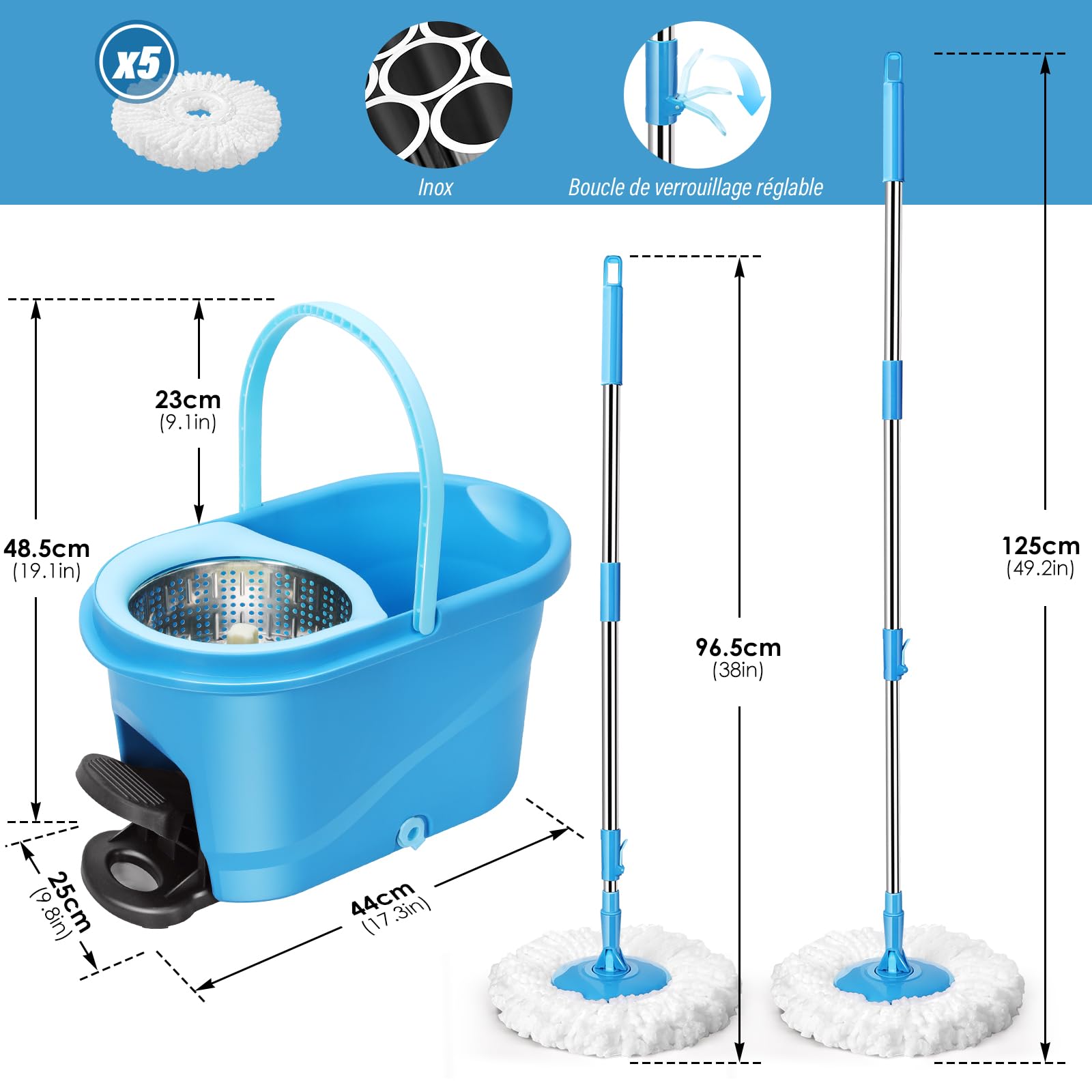 HEVOL Set de Serpillière avec Seau pour Le Nettoyage Sol, Seau Essoreur à Pédale et Balai à Franges en Microfibre, Serpillère Rotative 360° et 5 Tampons pour Le Nettoyage Sol, Carrelés, Bleu Pâle