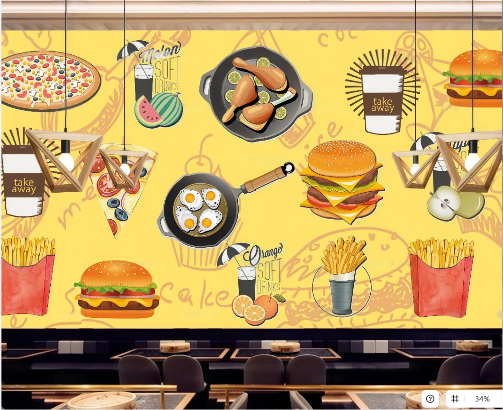 Rskjdghshd 3D Wallpaper Modern Hand-Painted Fried Chicken Burger Fast Food Restaurant Western Restaurant Living Room Background Wall Wallpaper Drink Coffee Shop Mural,,150X105cm