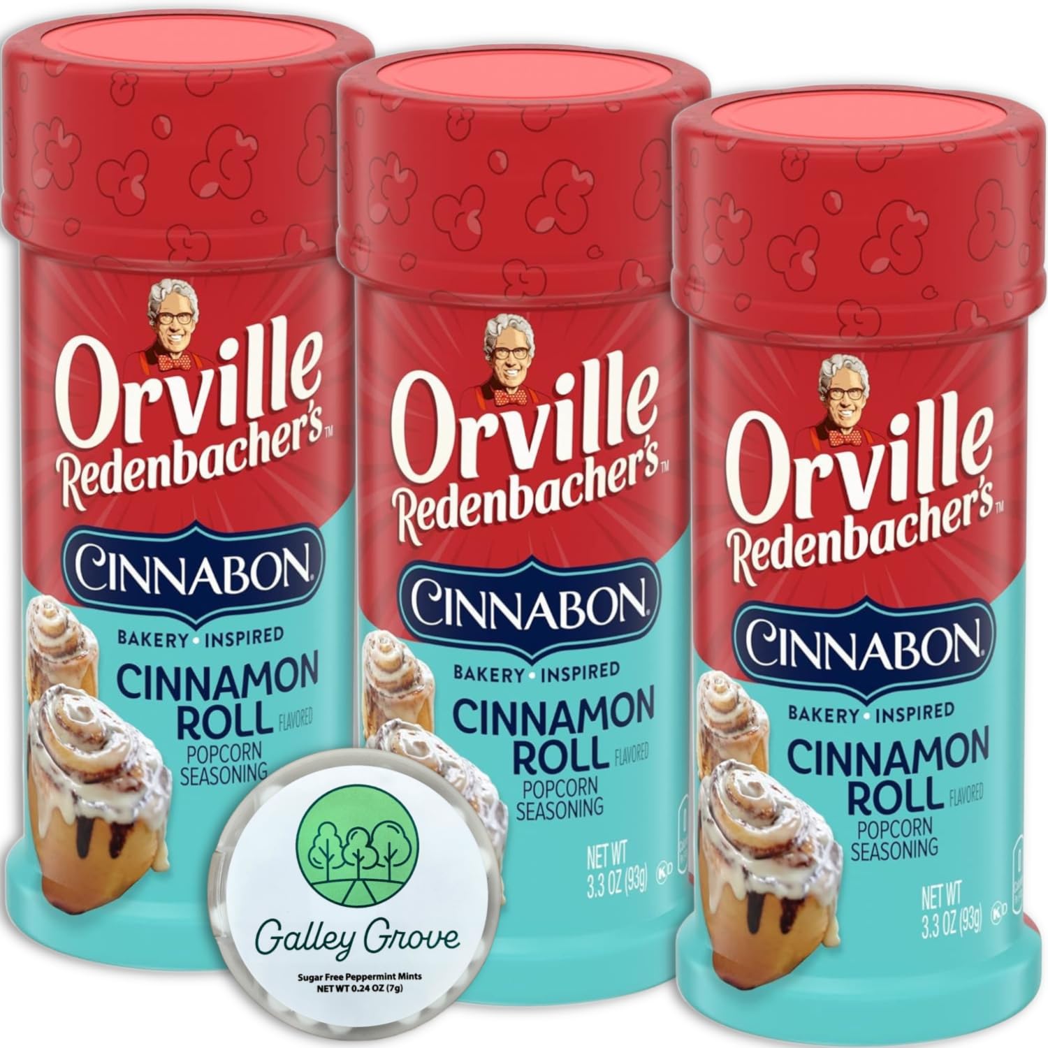 Orville Redenbacher Cinnabon-Flavored Popcorn Seasoning Shaker, 3.3 oz (3-pack) with Galley Grove Sugar-Free Breath Mints