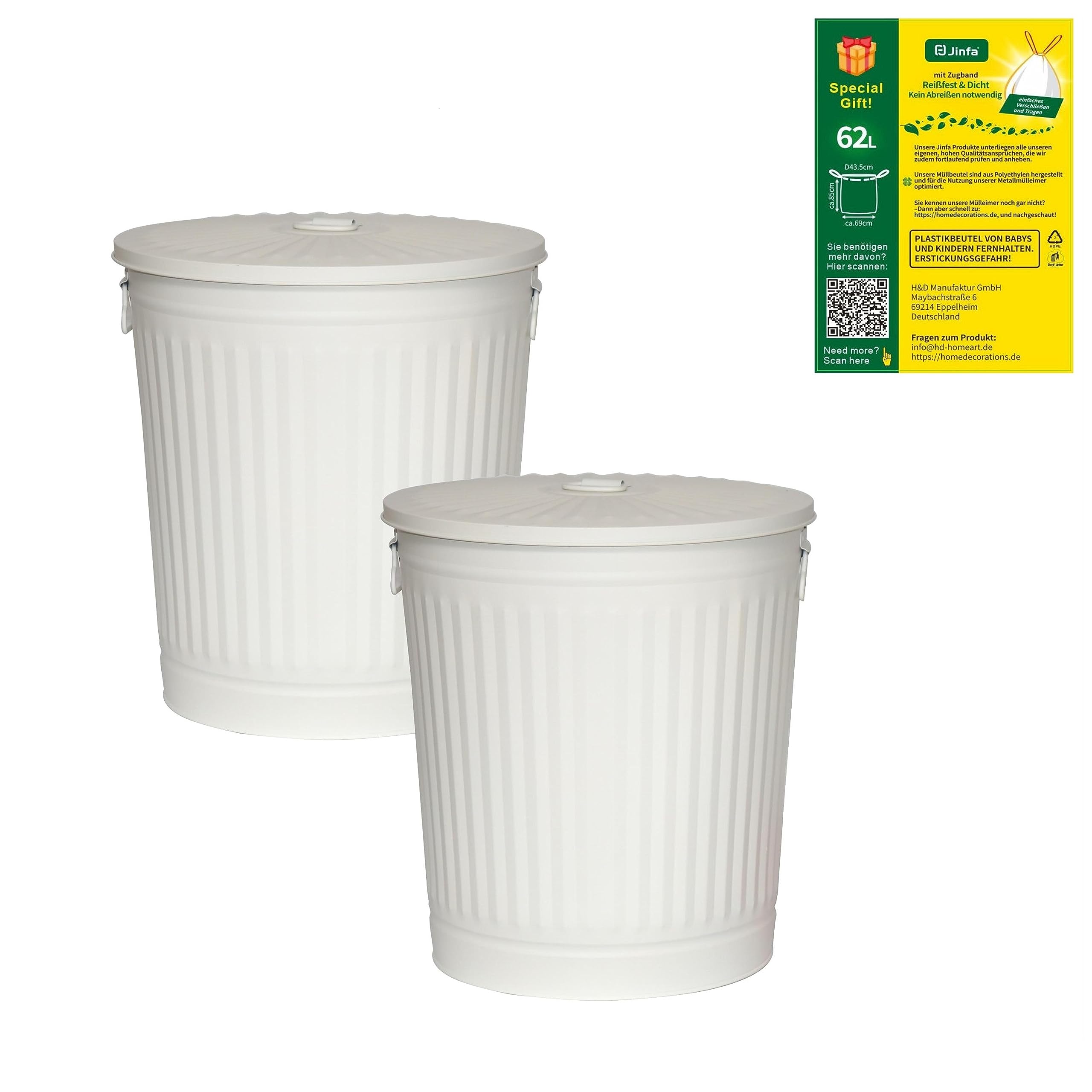 2 Bidoni in metallo laccato a polvere con manici e coperchio design retrò + 5 sacchetti per pattumiera | Bianco crema | Ø 44 cm | Capienza 62L