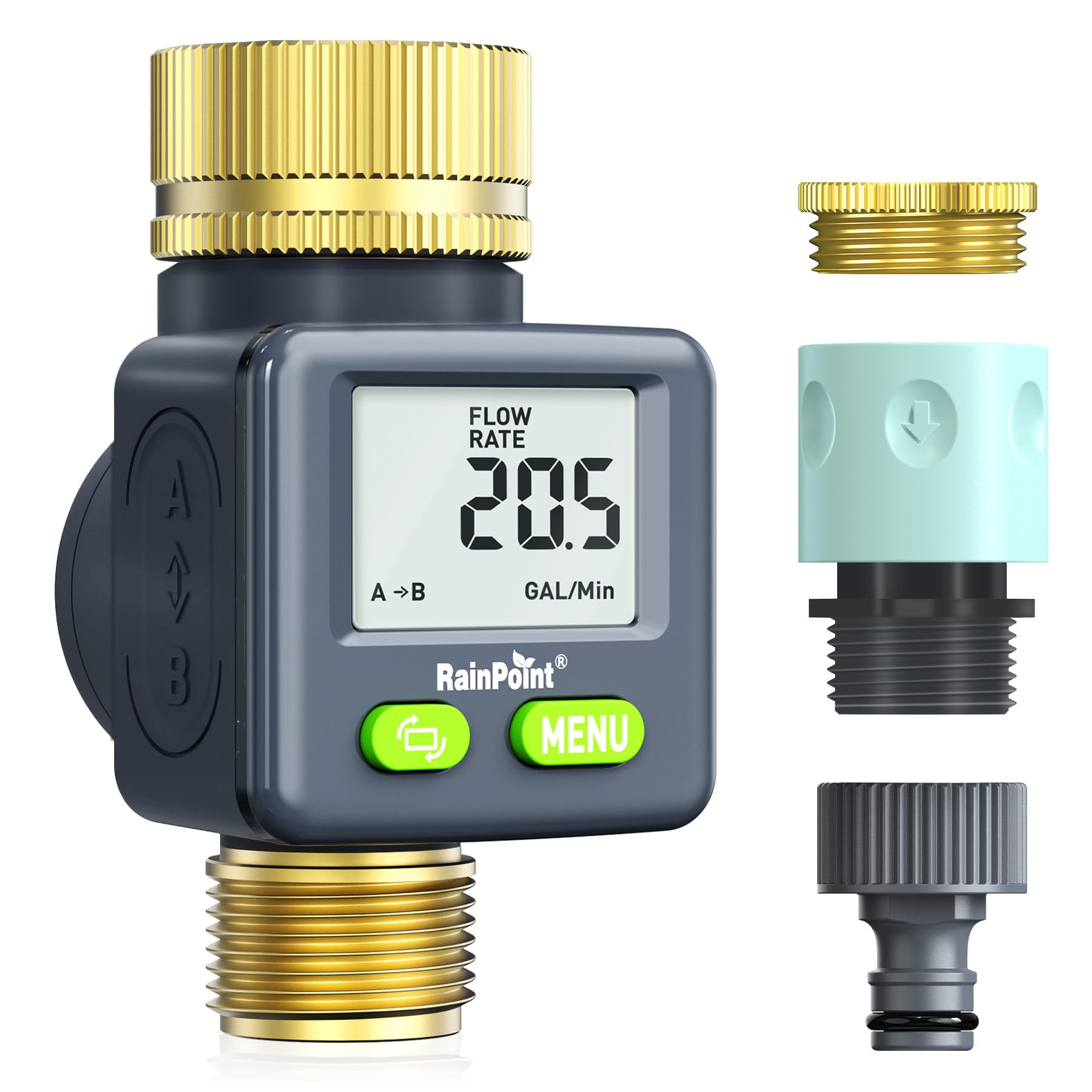 RAINPOINT Wasserzähler mit Messing-Einlass und -Auslass, Praktischer Wasseruhr für Garten, 4 Modi zur Kontrolle des Wasserverbrauchs,Wassermengenzähler, 180° Drehbarer digitaler Durchflussmesser