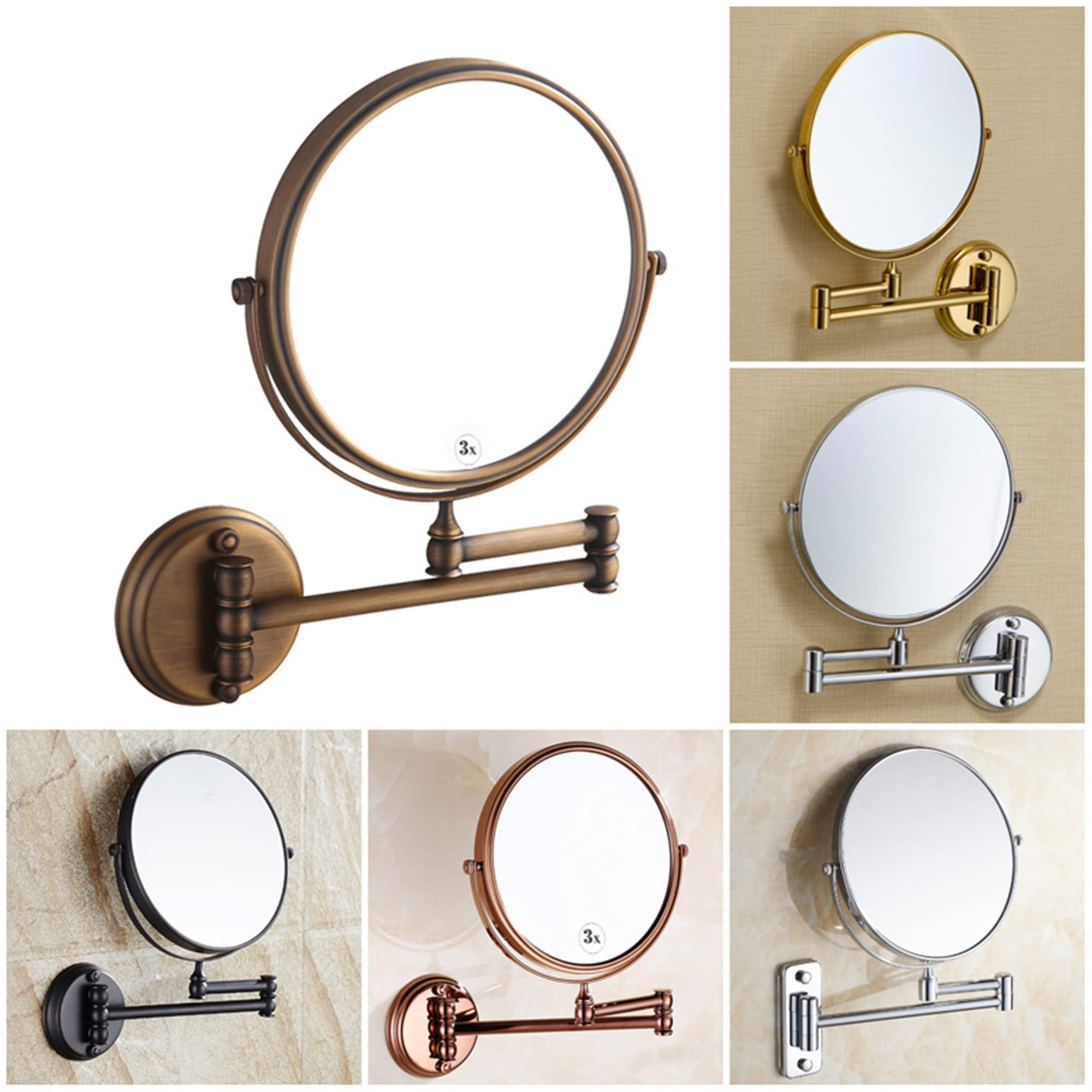 Antique Bronze Beauty Mirror, Hotel Wall Mounted Folding Makeup Mirror, 3X Magnifying Double Sided Mirror,Extendable Double Sided Vanity Mirror 8 Inch A