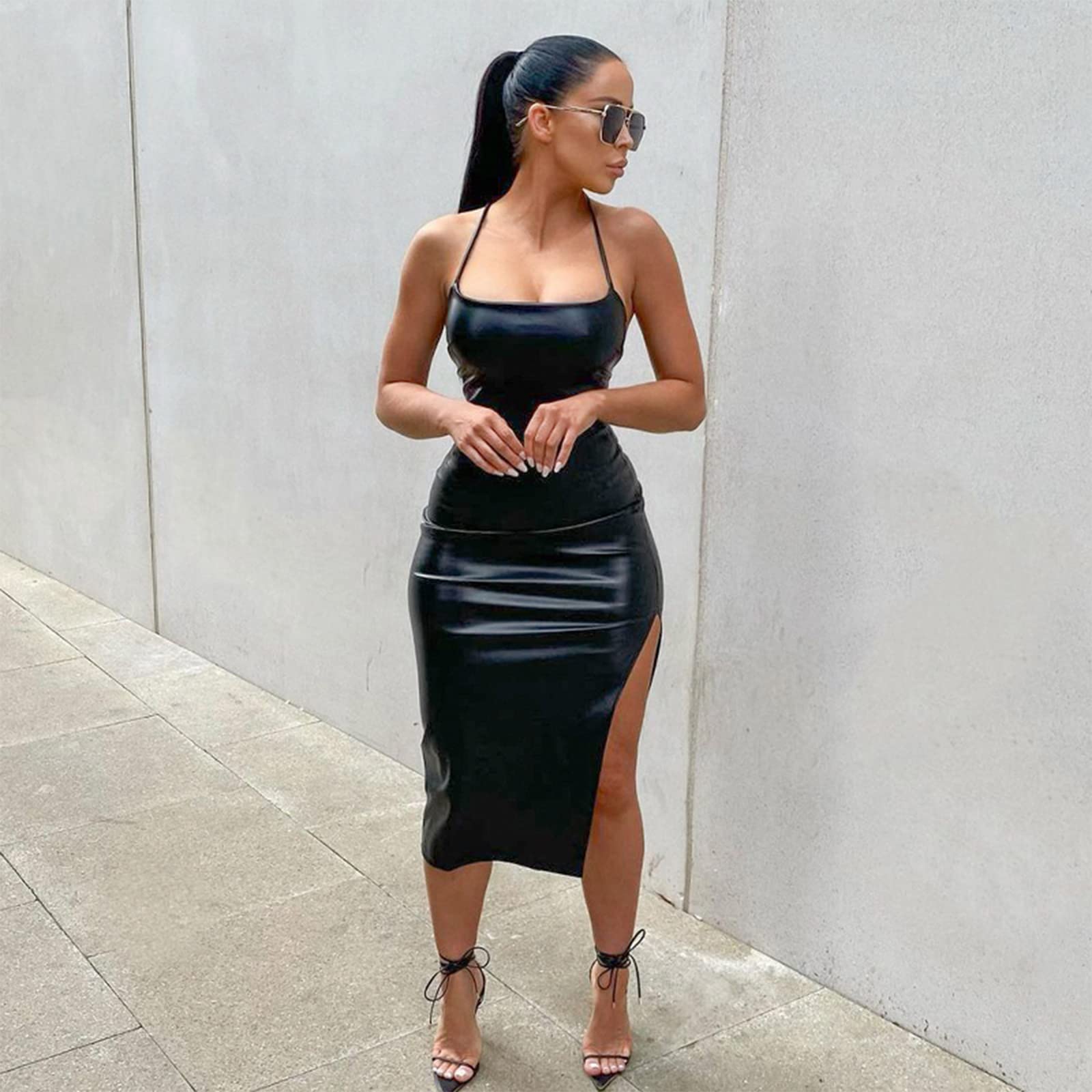 Women Faux Leather Dress Sleeveless Backless Bandage Bodycon Split Midi Dresses Party Cocktail: Large Black