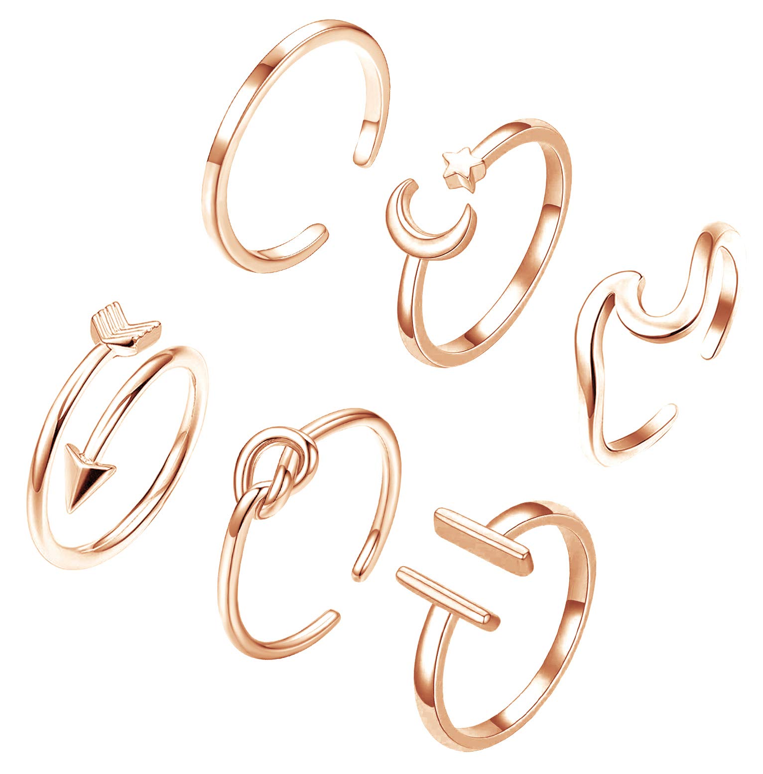 Honsny6PCS Adjustable Rings Set for Women,Silver Stackable Finger Rings Pack 14K Gold Arrow Knot Knuckle Rings Open Thin Band Thumb Rings for Women Teen Girls, Copper