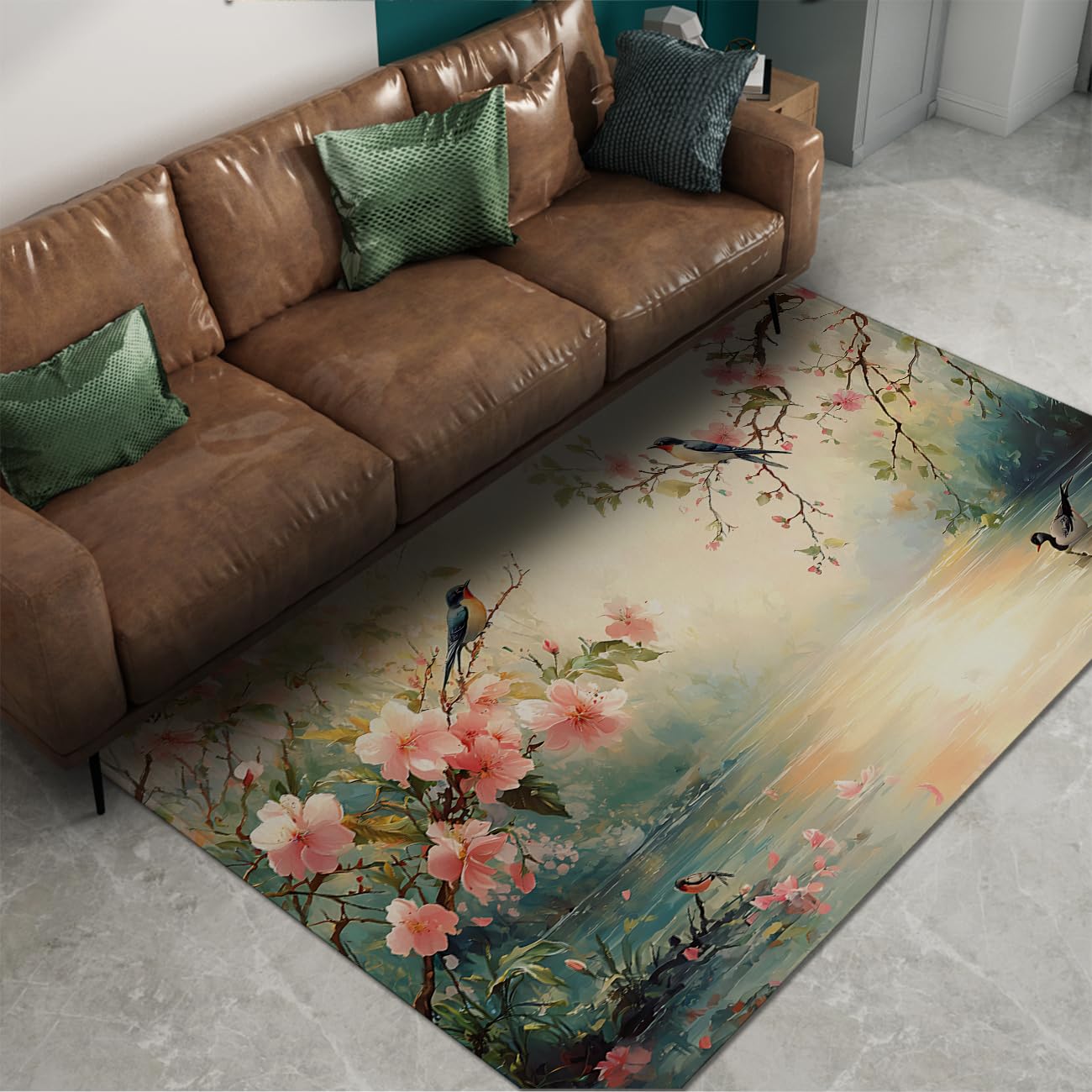 Zmywalny dywan o wymiarach 150 x 200 cm, elegancki, marzycielski dywan kuchenny, kwiat wiśni, scena nabrzeżna, ptaki i kaczka, mata podłogowa, antypoślizgowa, do wewnątrz, antypoślizgowy