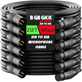 XLR Cables 25ft 6 Pack, Professional X LR to XL R Microphone Cable, Gold-Plated 3-pin XLR Speaker Cable Balanced Mic C able Male to Female, Black