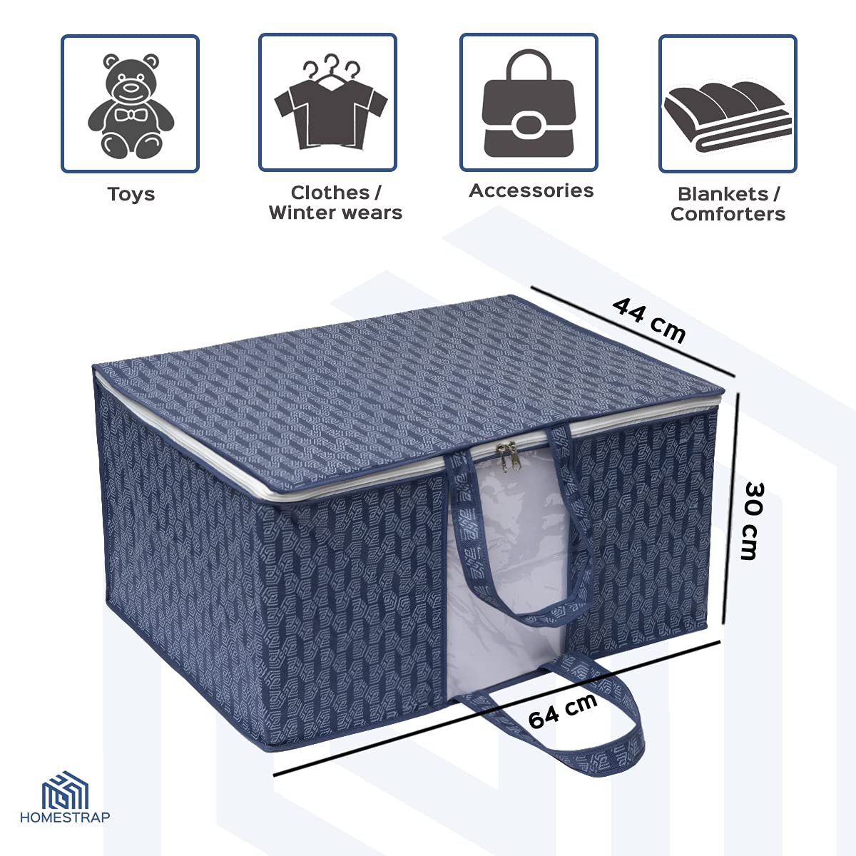 HomeStrap Printed Underbed Storage Bag/Organizer/Blanket Cover with Front Handle (Navy Blue, Pack of 6)