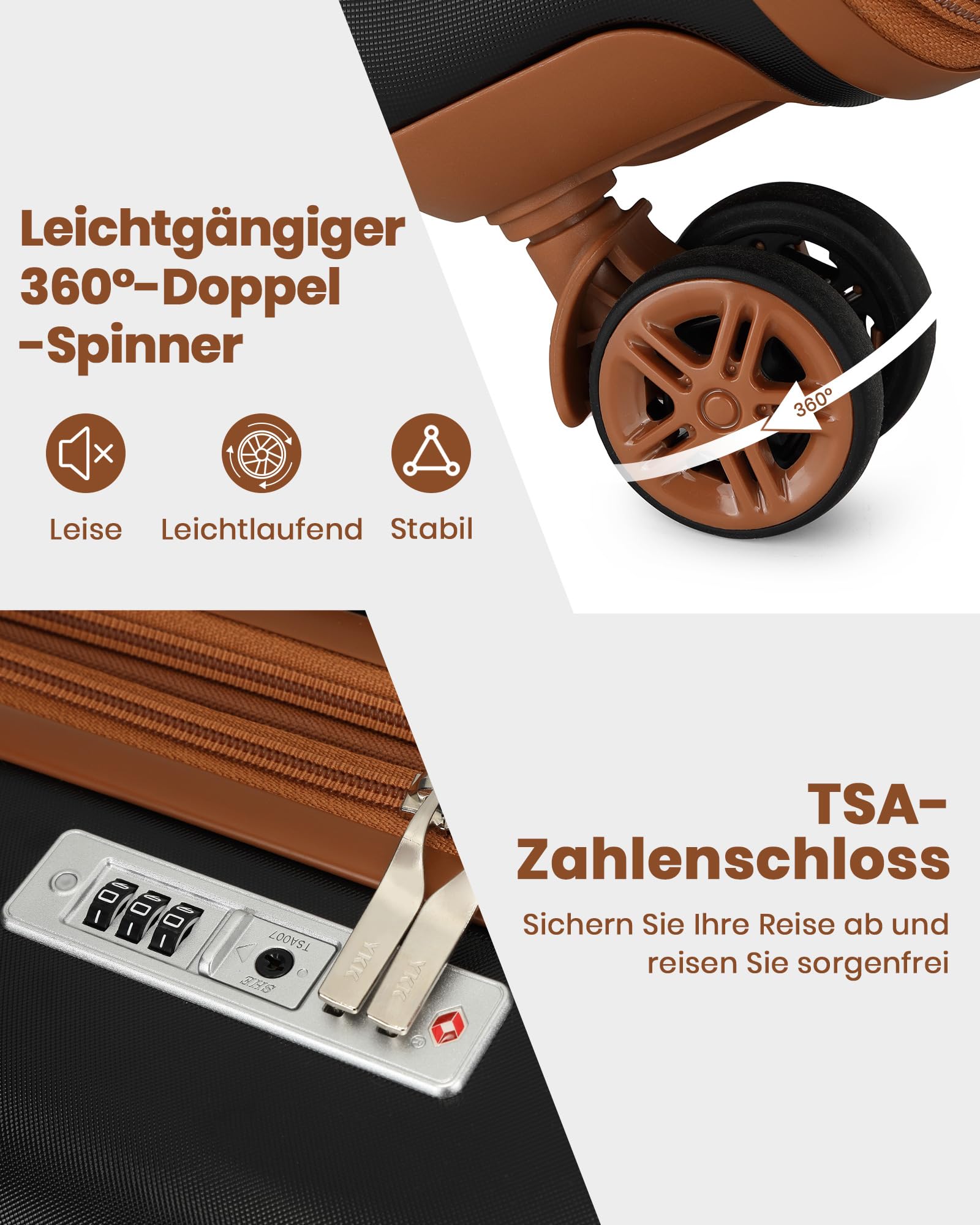 KONO Reisekoffer Set 3-teilig, Erweiterbar Hartschalenkoffer Mittelgroß mit 4 Rollen und TSA Schloss, leichte ABS+PC Trolley inkl Reisetasche und Kulturbeutel, ideal für Geschäftsreise, Schwarz/Braun