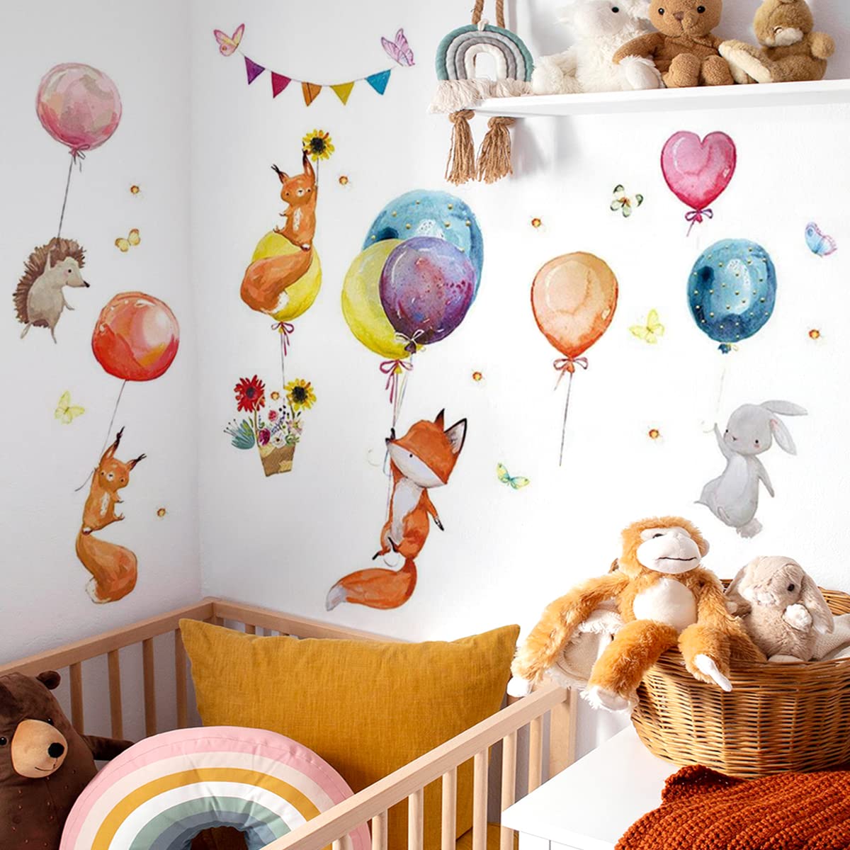 WandSticker4U®- [Acquerello] Adesivi murali bambini animali del bosco PALLONCINI & VOLPE (107x100 cm) I Adesivi da parete animali foresta coniglio giungla I Sticker muro camera da letto bambini bimba