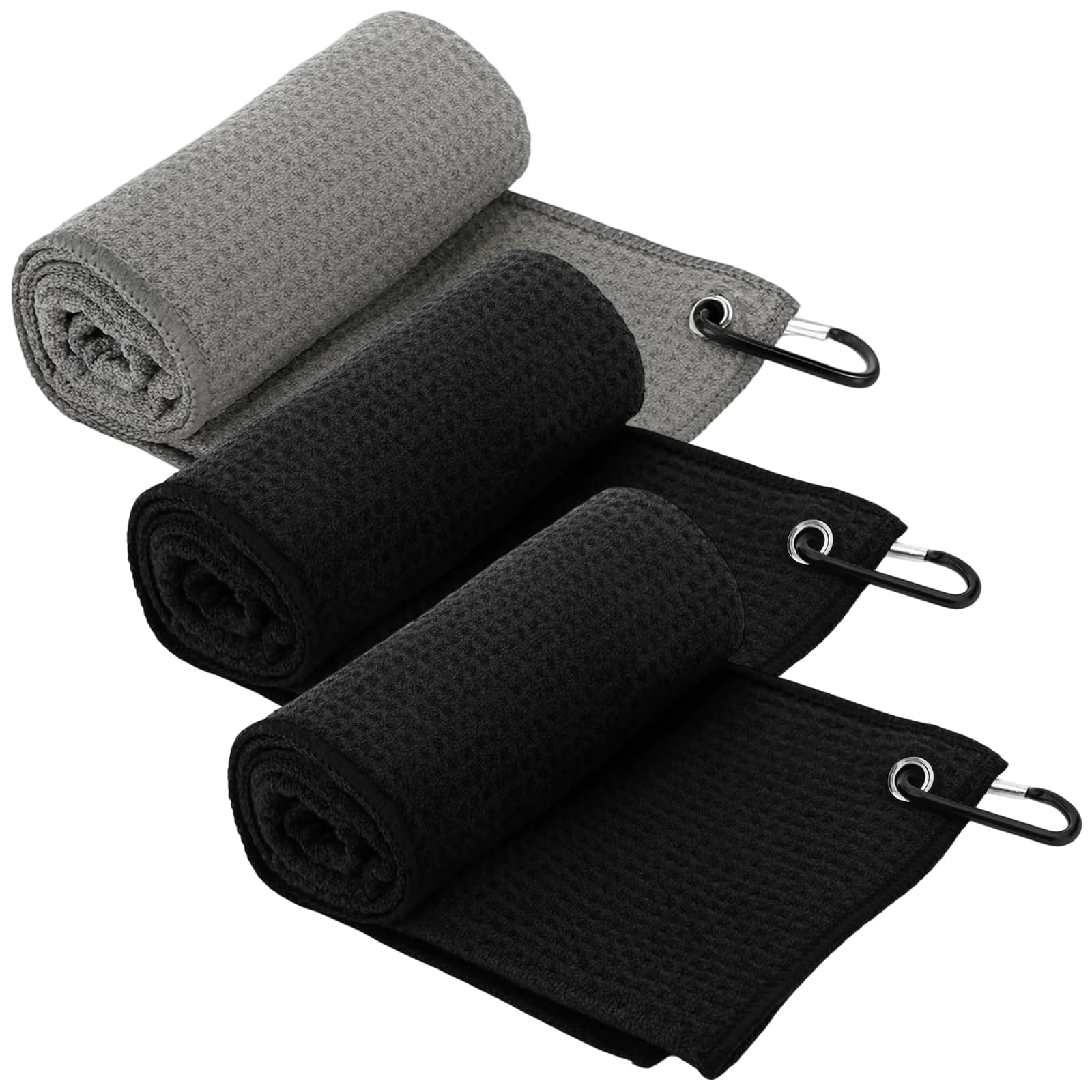 GYTFOG 3 PCS Golf Towel, Golf Towels For Golf Bags With Clip, Golf Towels, Absorbent Cleaning Towels, for Cleaning Golf Ball Club Putter Iron for Golf Bag Trolly Belt Loop (Grey, Black, 30 * 30cm)