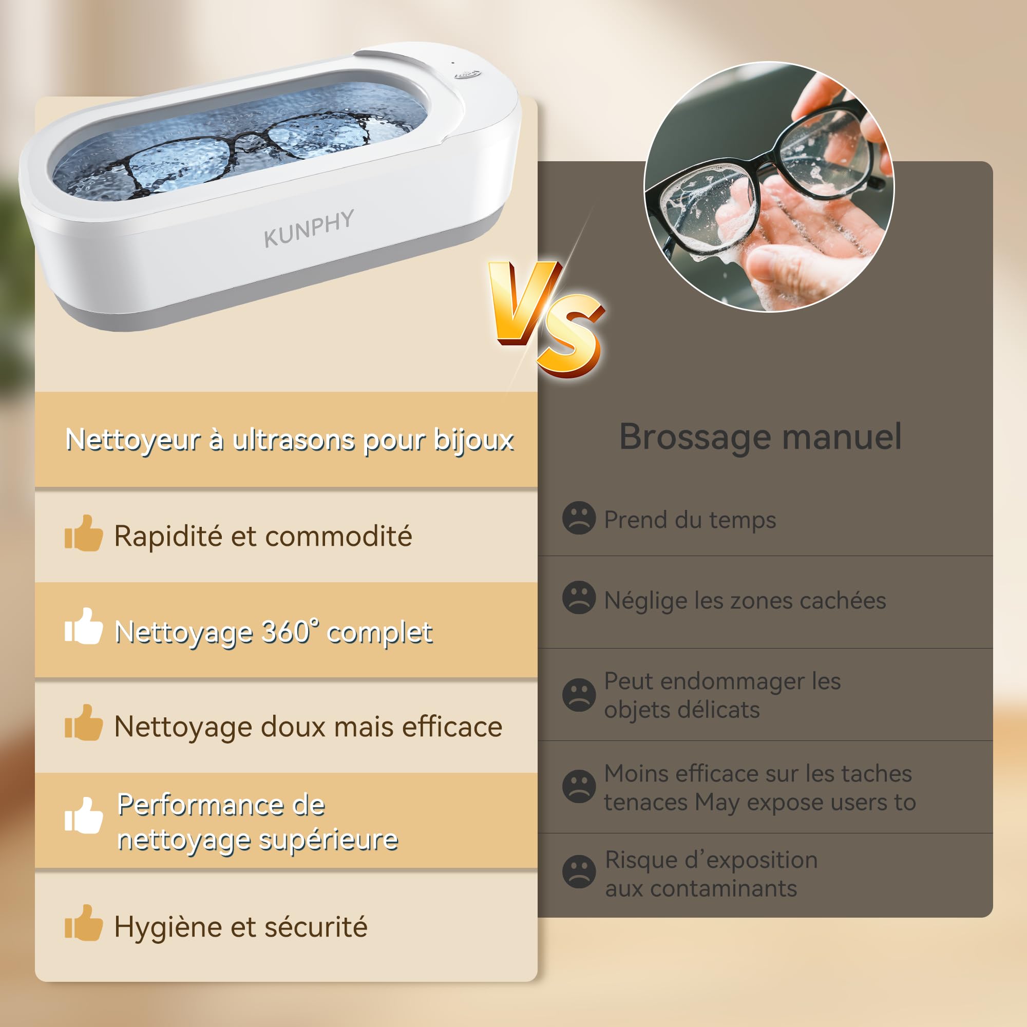 KUNPHY Nettoyeur Ultrason 48kHz Professionnel, Bac 400ML en Acier Inoxydable, 2 Modes 5/10 Min, Nettoyage Profond Silencieux pour Lunettes, Bijoux, Montres, Prothèses Dentaires et Outils Onglerie
