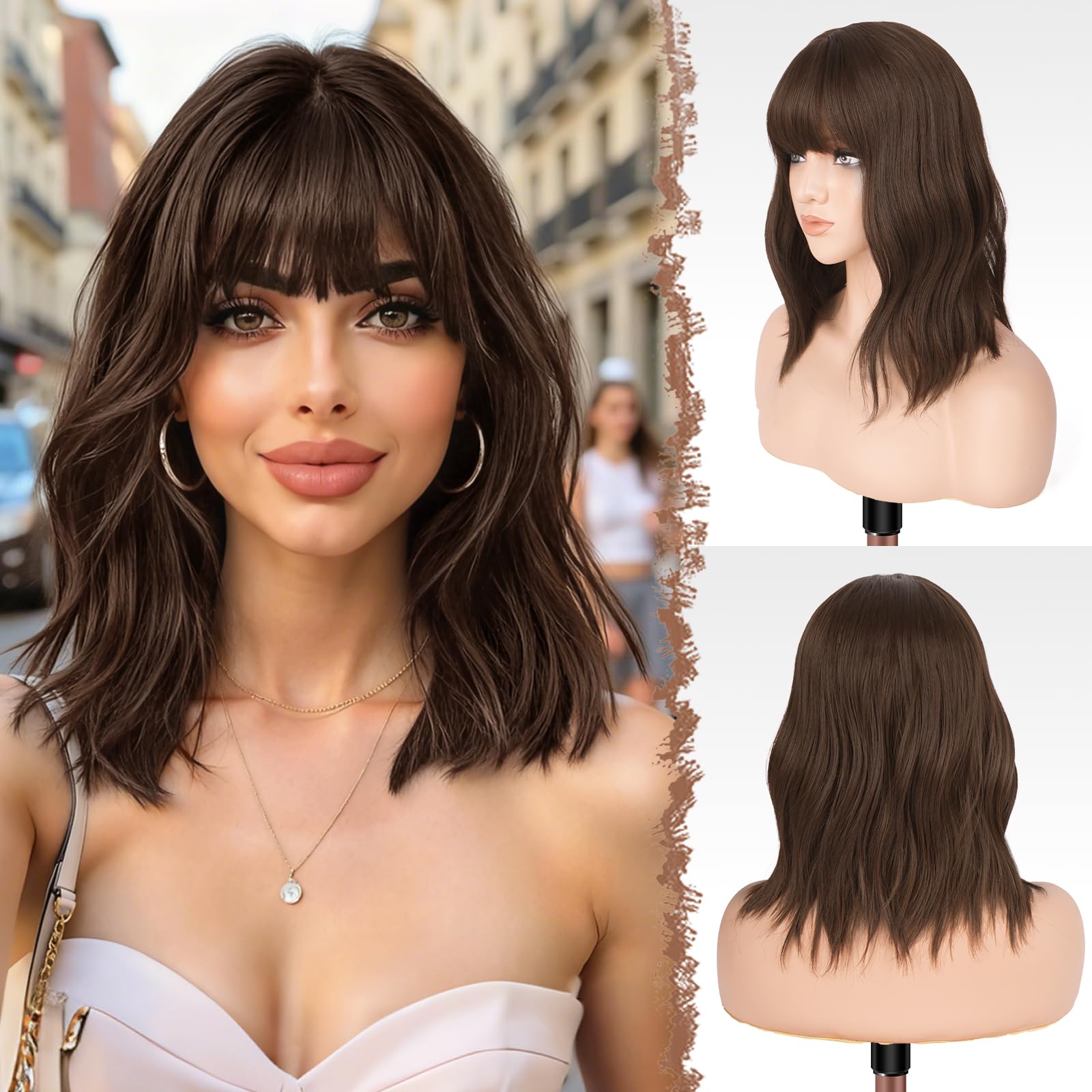 FESHFEN Misto Marrone Parrucca Ondulato Corta con Frangia, Parrucche Donna Bob Corte Riccia Uso Quotidiano del Partito Cosplay Sintetiche Parrucches per Donna, 35cm
