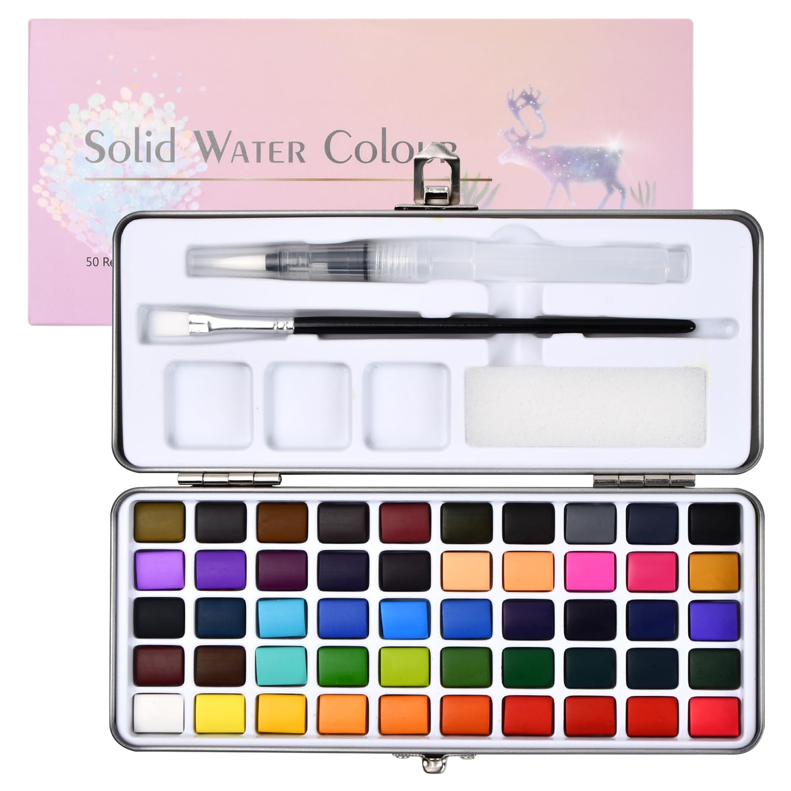 Volumoon Juego de Acuarelas Profesionales, con 50 Colores + 1 Cepillo para Tanque de Agua + 1 Bolígrafo, en Caja Portátil, Acuarela Sólida de Alta Pigmentación, para Principiantes y Profesionales