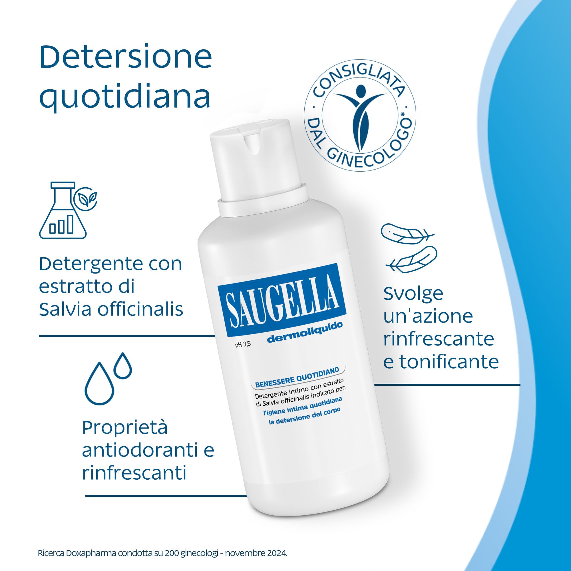 Saugella Dermoliquido Detergente Intimo Quotidiano, pH 3.5, Antiodore, Rinfrescante e Tonificante, con Salvia e Acido Lattico, 750 ml