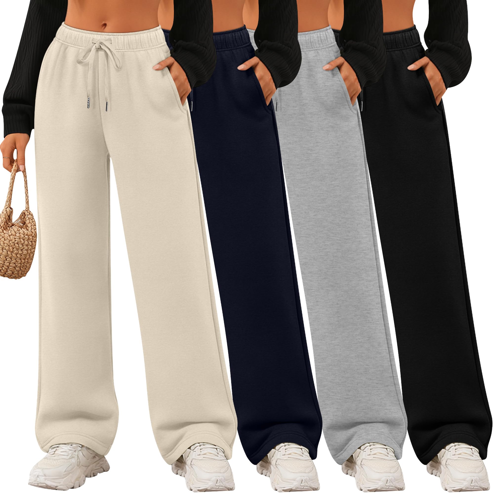 4 Pack Womens Wide Leg Sweatpants Drawstring Lounge Joggers for Women Straight Pants Elastic Waist with Pockets