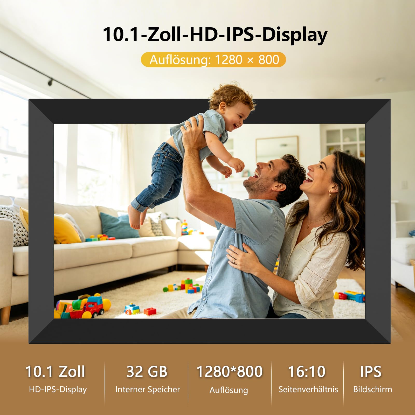 Frameo Cadre photo numérique WiFi 10,1", écran tactile HD IPS, mémoire de 32 Go, rotation automatique, montage mural, configuration facile pour partager des photos et des vidéos via l'application