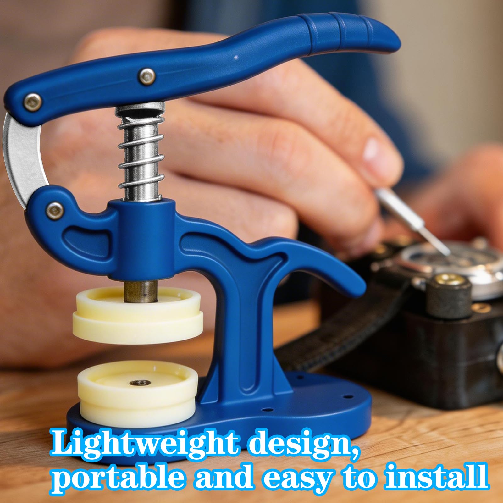 Watch Back Case Press Tool Kit, Essential Watch Repair Tool Kit for Watchmaker Battery Replacement & Crystal Fitting, 5-50mm Blue Plastic Press with 12 Dies - 4