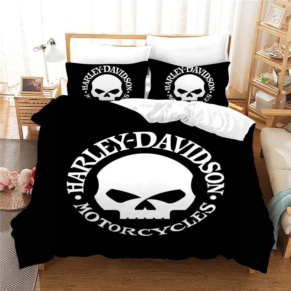 NICHIYO Harley Davidson Parure de lit 3 pièces avec housse de couette et taie d'oreiller, microfibre, impression numérique 3D (housse de couette + taies d'oreiller) (14, King 220 x 240 cm)