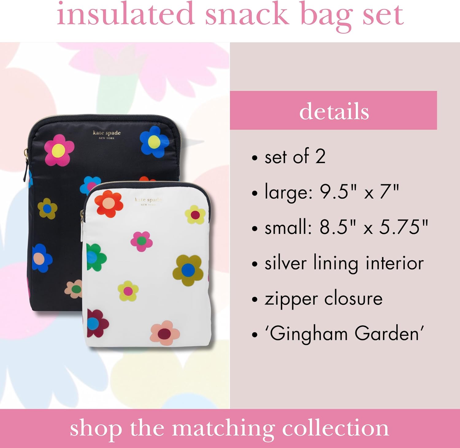 kate spade new york Insulated Snack Bag Keeper with Zipper, Reusable Thermal Sandwich Bag Holders for Lunch Bag, Gingham Garden - Image 8